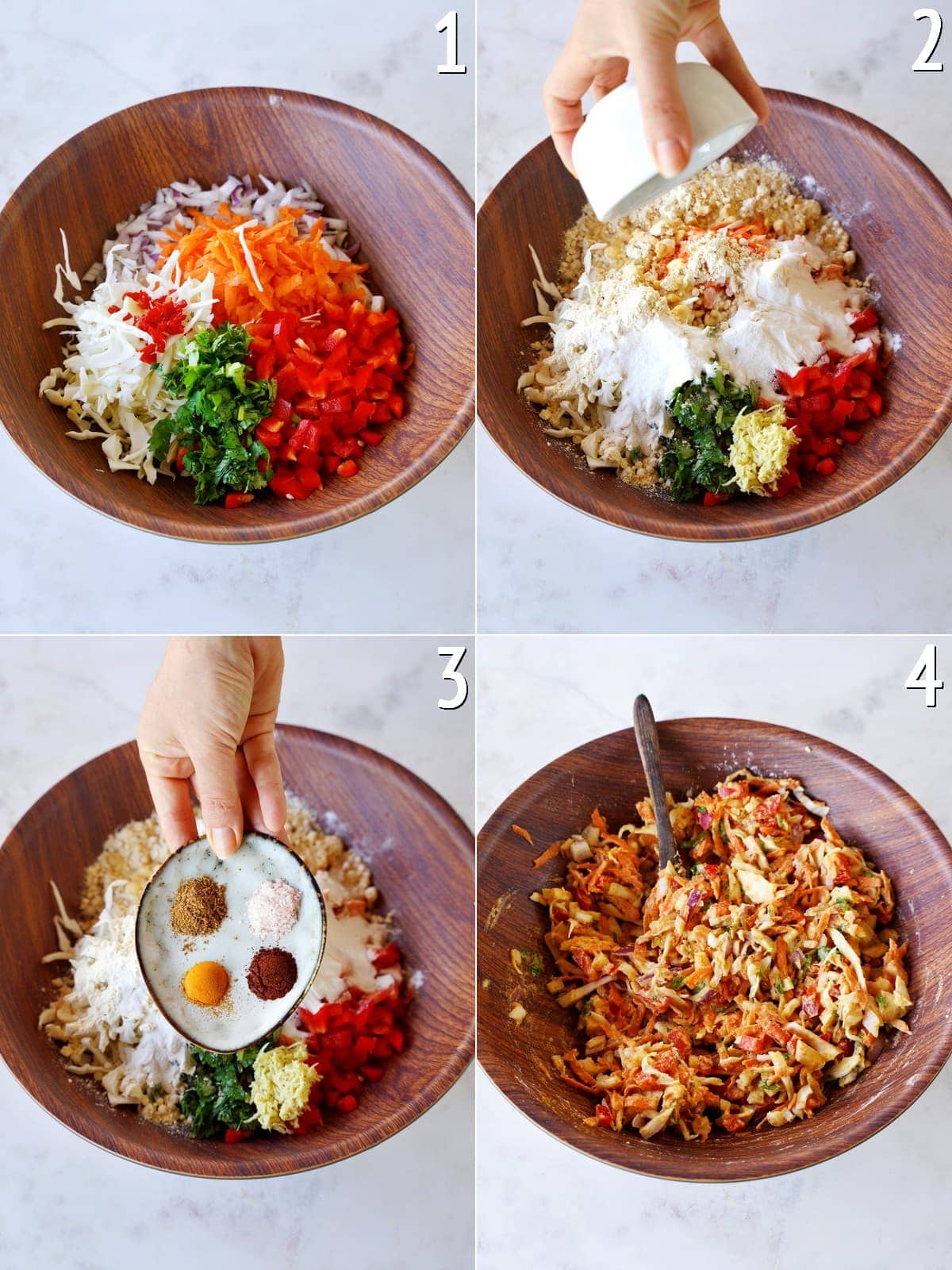 4 Schritt-für-Schritt-Fotos der Zubereitung eines Teigs für Gemüsepuffer