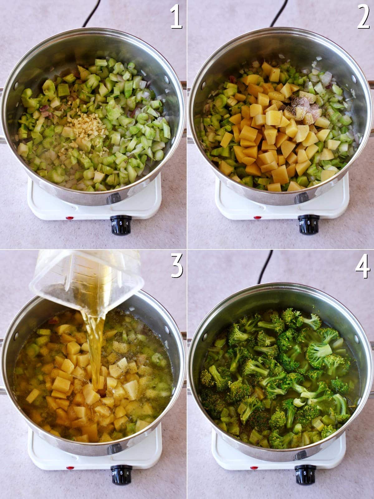 4 Schritt-für-Schritt-Fotos für die Zubereitung einer Gemüsesuppe