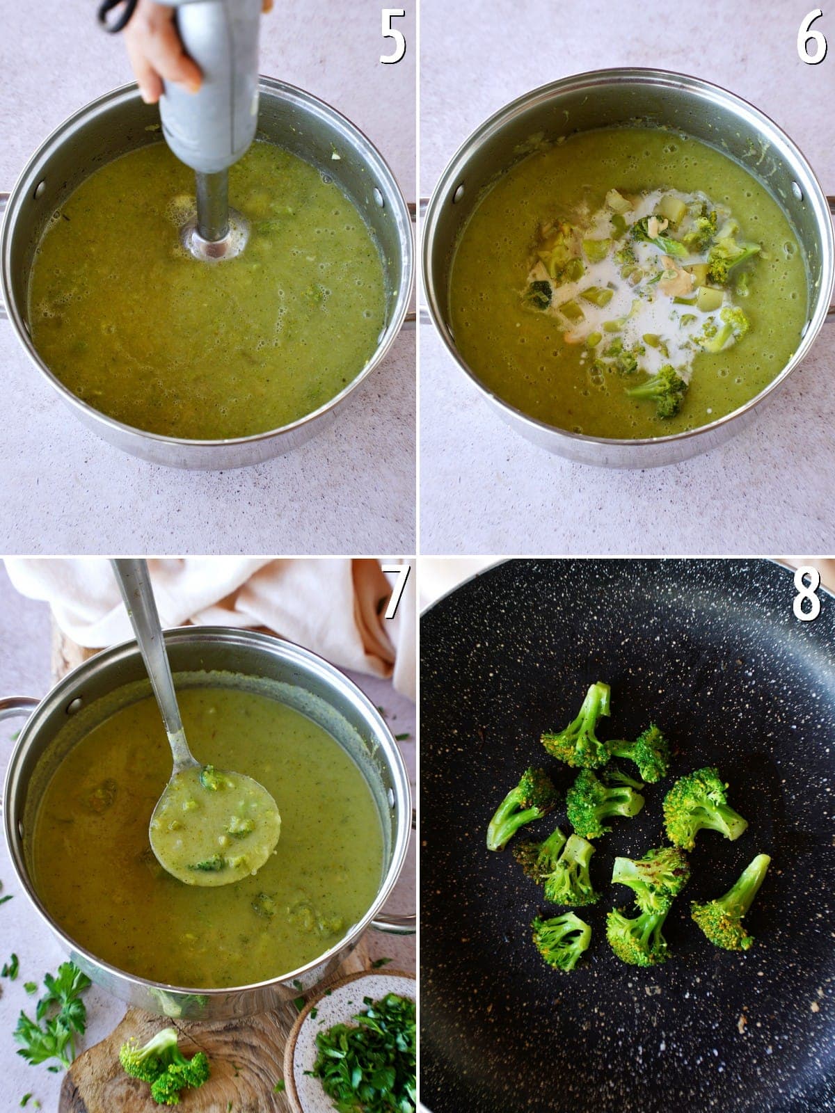4 Schritt-für-Schritt-Fotos vom Servieren eines Gemüseeintopfs mit Brokkoli