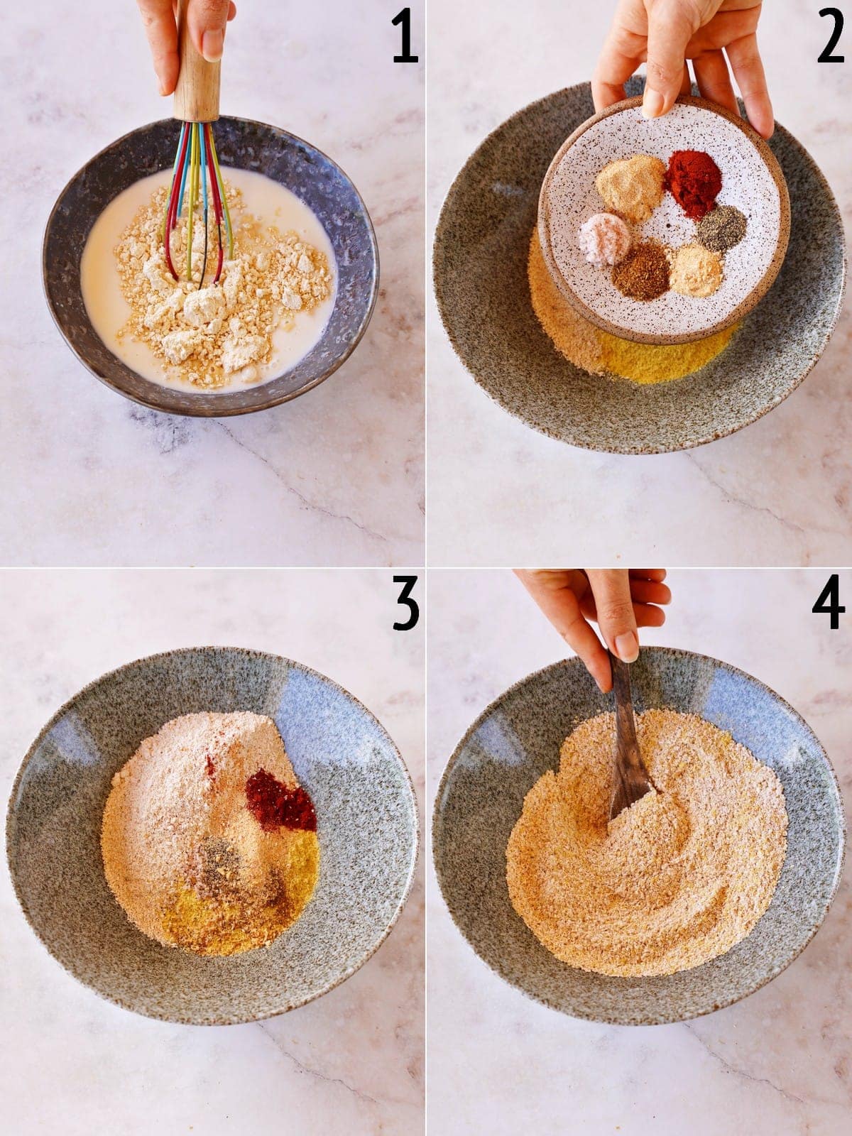 4 step-by-step photos of making gluten-free breading