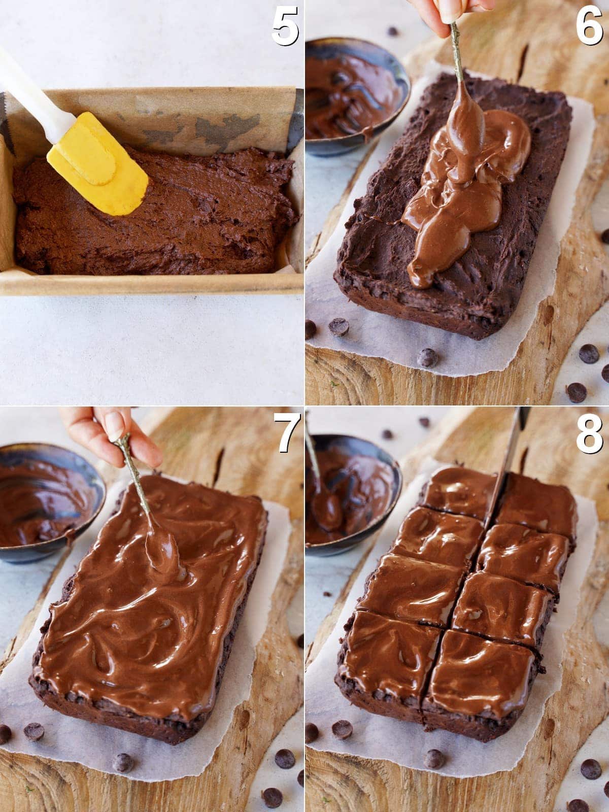 4 step-by-step photos of topping baked brownies with chocolate frosting