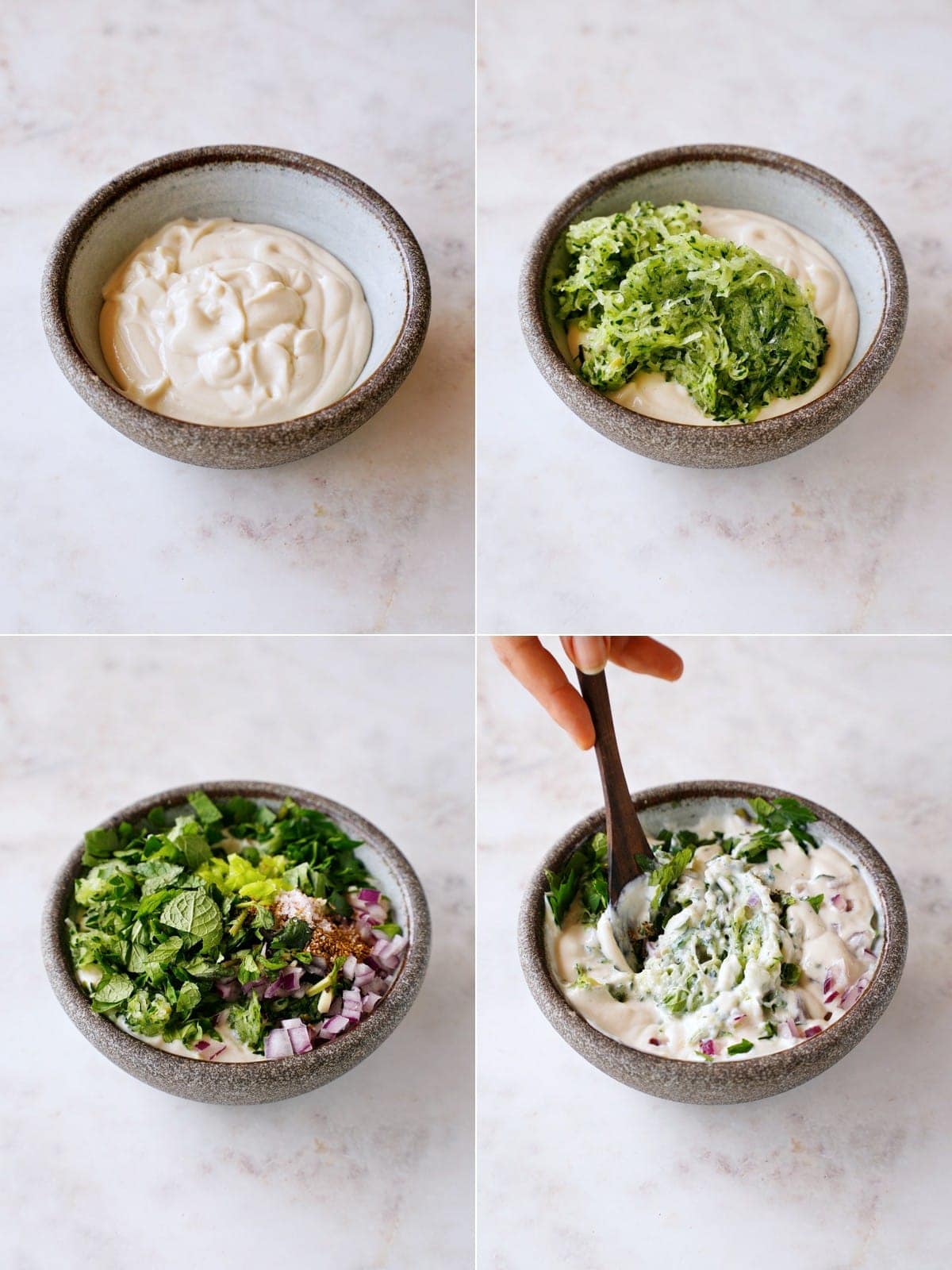 4 Schritt-für-Schritt-Bilder für die Zubereitung eines indischen Joghurt-Dips