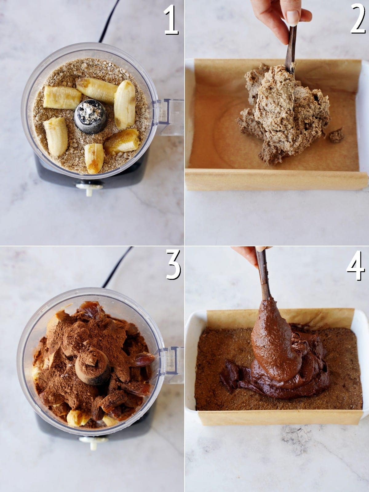 4 Bilder, die Schritt für Schritt zeigen, wie man Haferflocken-Schokoriegel in einer Küchenmaschine herstellt
