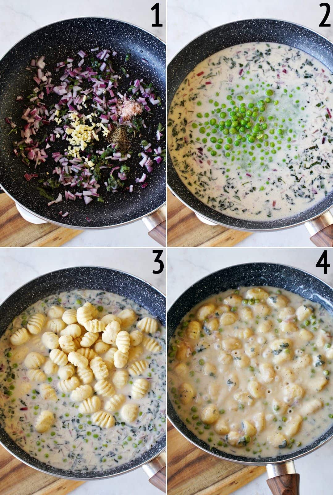 4 step-by-step photos of making gnocchi in creamy white sauce