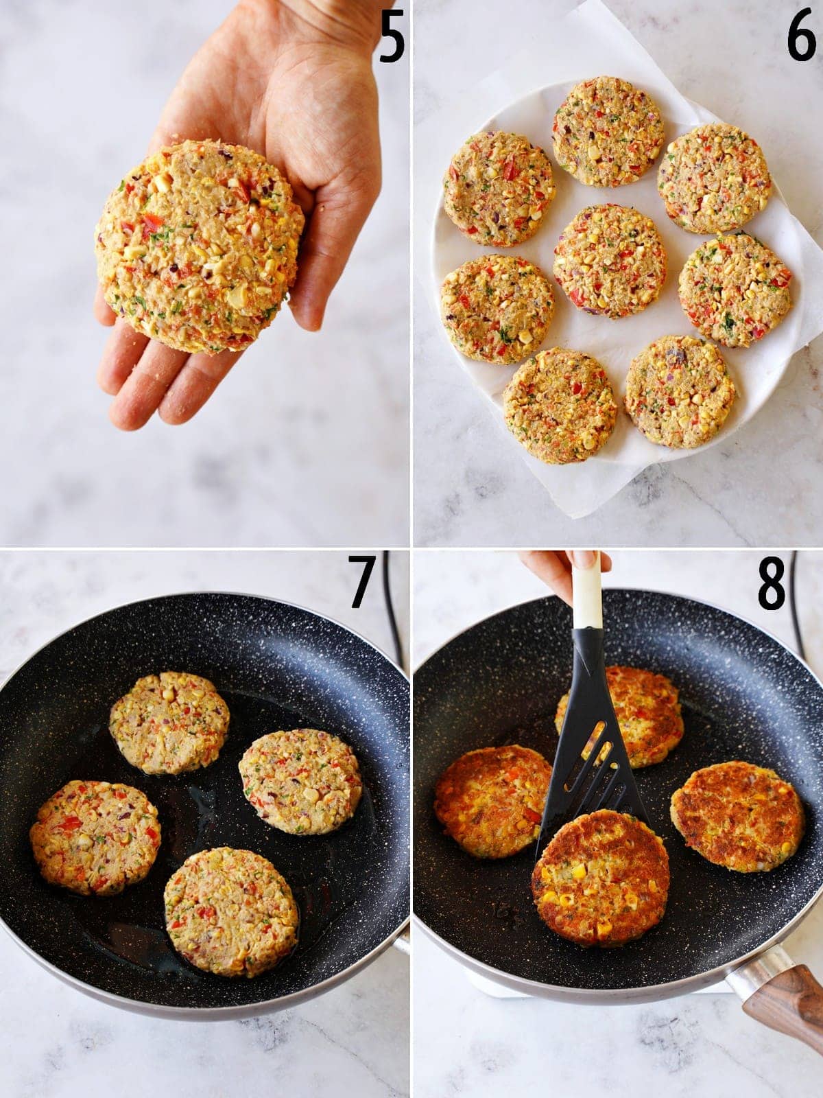 4 step-by-step pics how to shape and fry veggie fritters