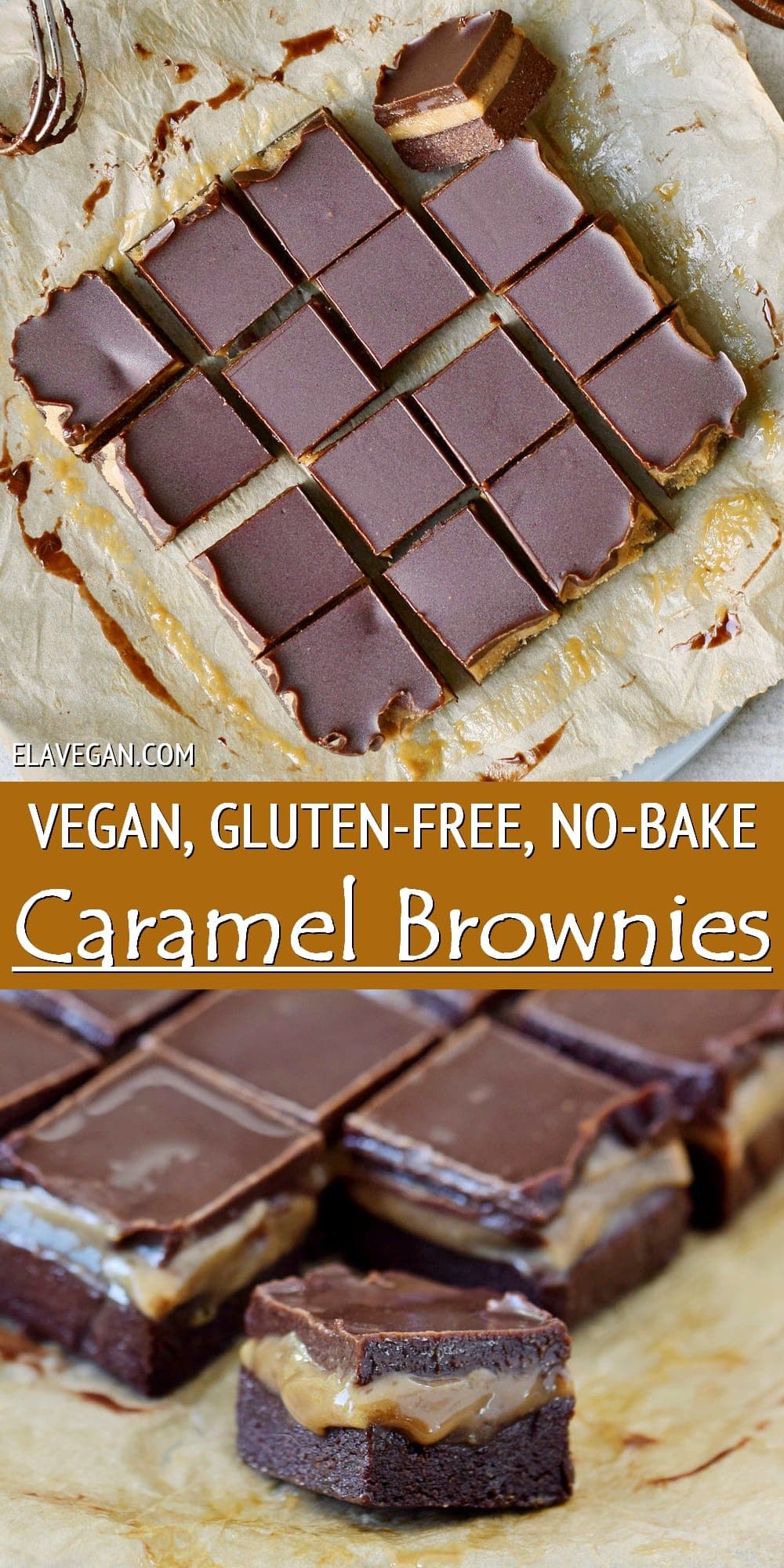 Pinterest Collage vegan, gluten-free, no-bake caramel brownies