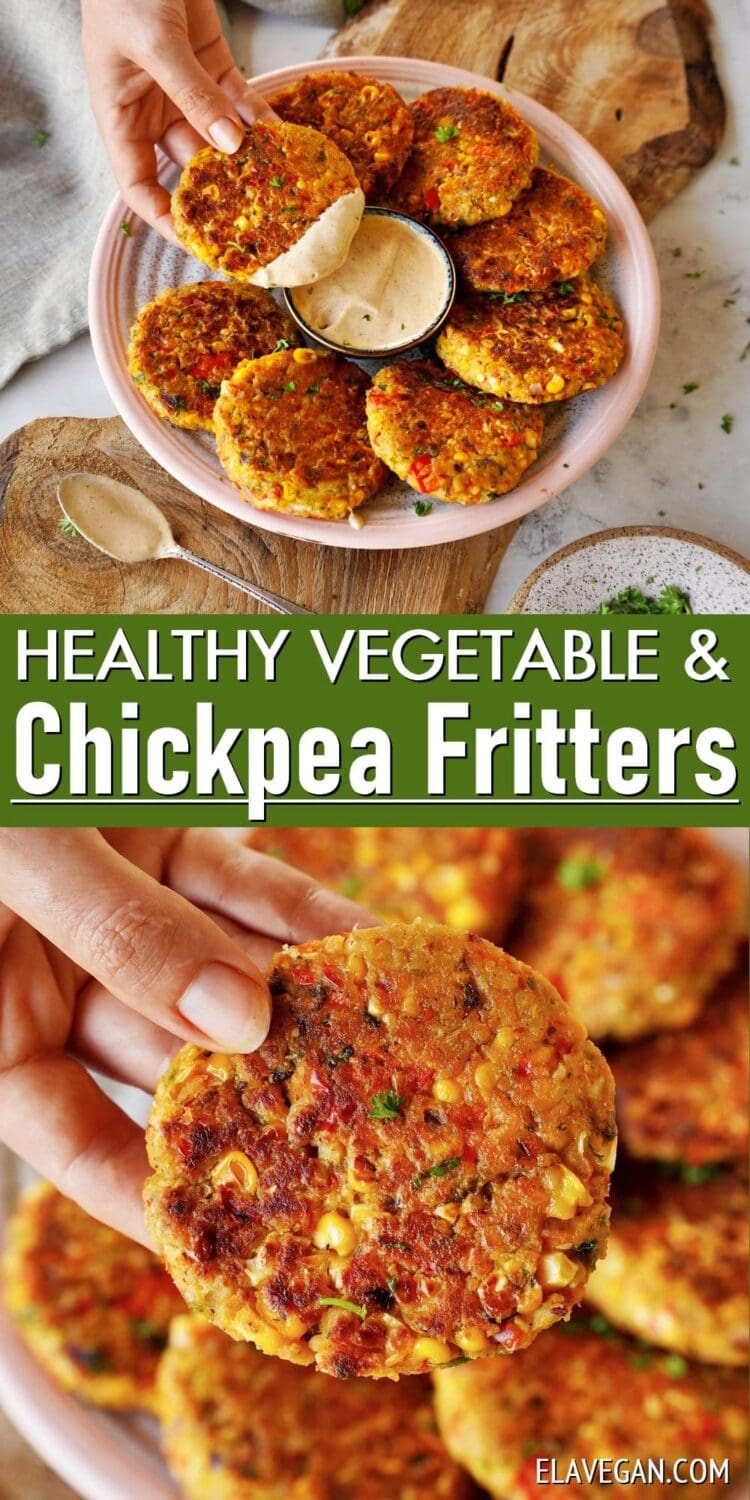 collage of healthy vegetable and chickpea fritters