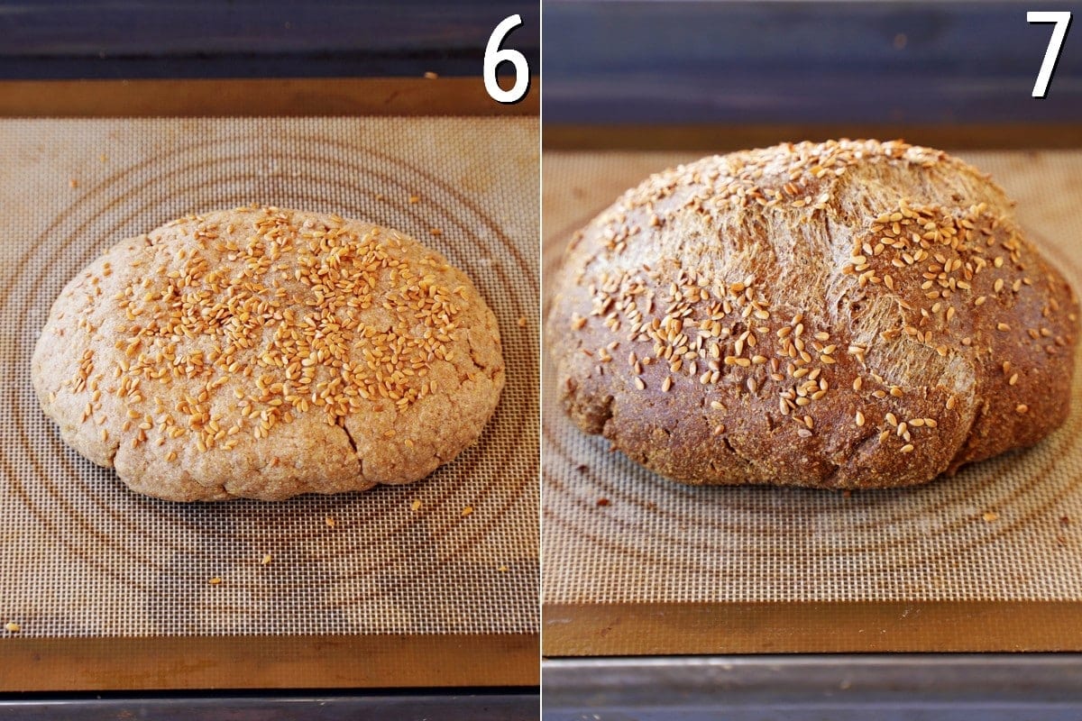 glutenfreies Brot aus Leinsamen vor und nach dem Backen