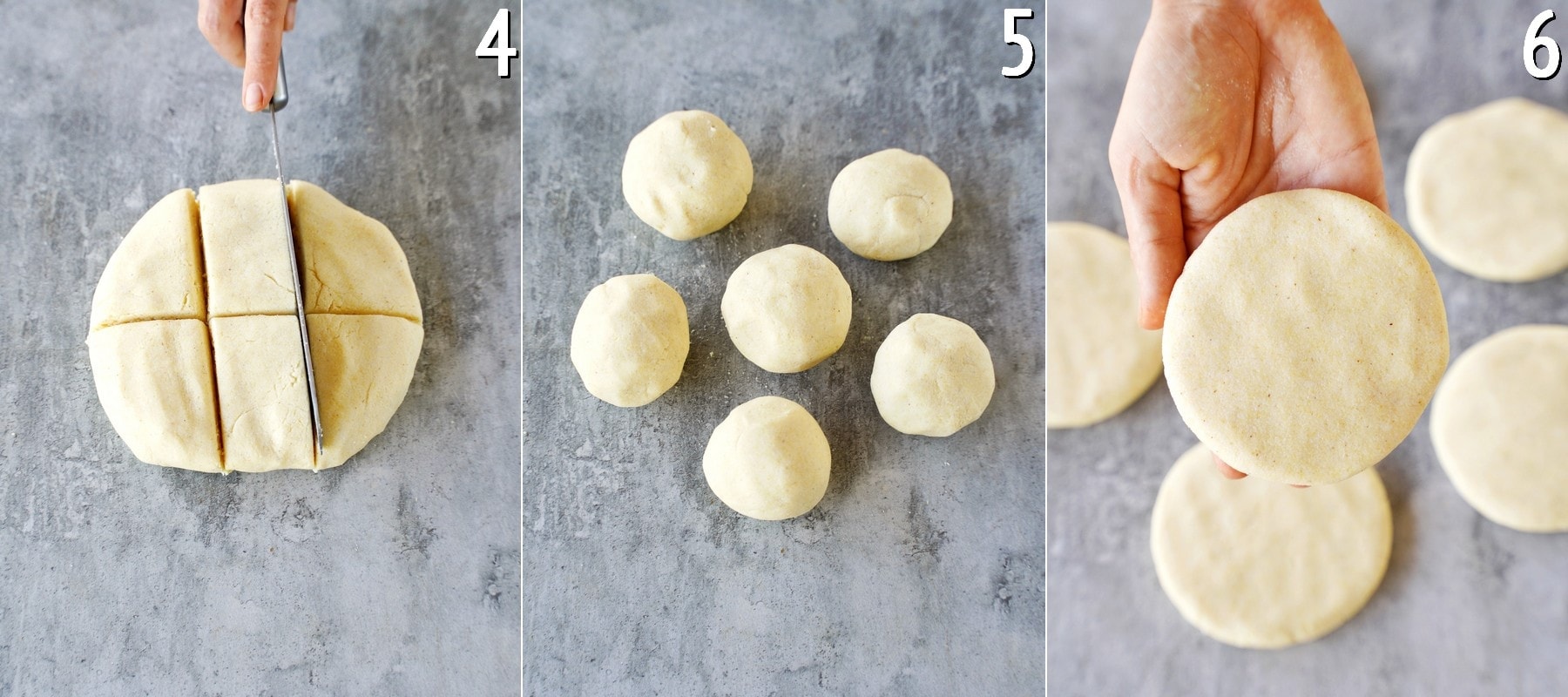 3 pics showing how to form arepa dough
