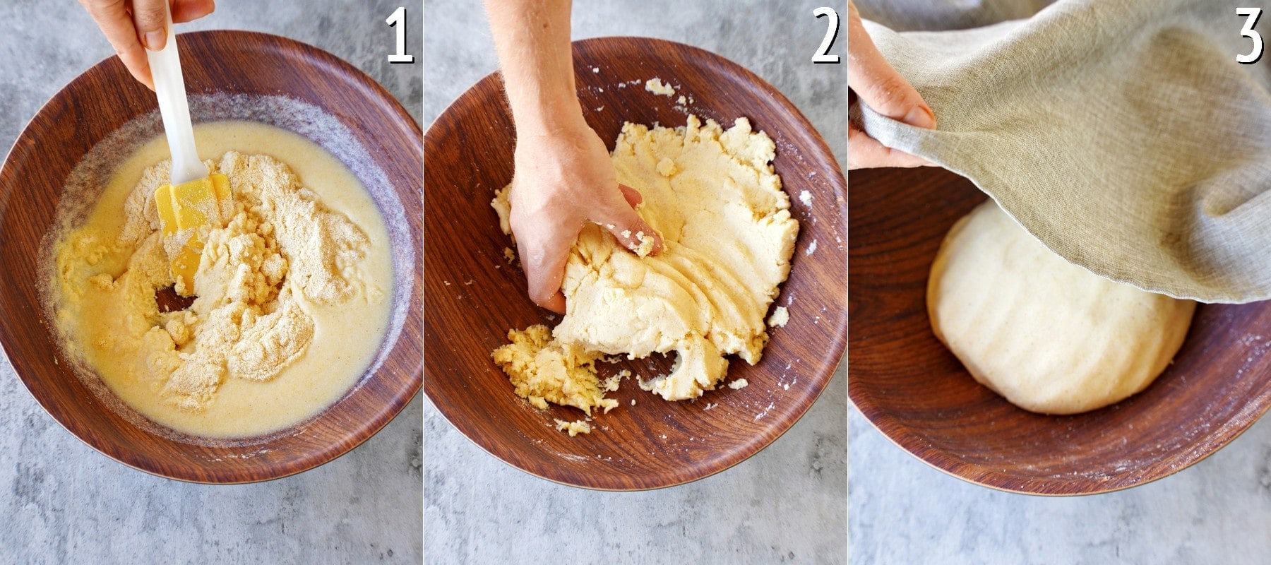 3 pics showing how to make arepa dough