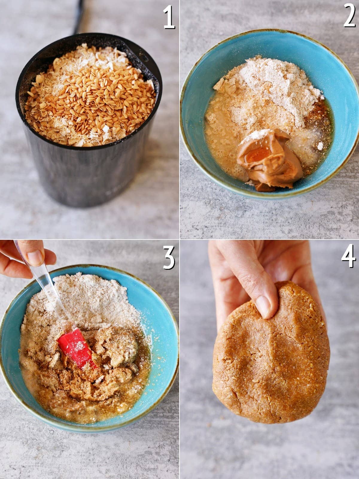 4 pictures how to make oat cookie dough in a bowl