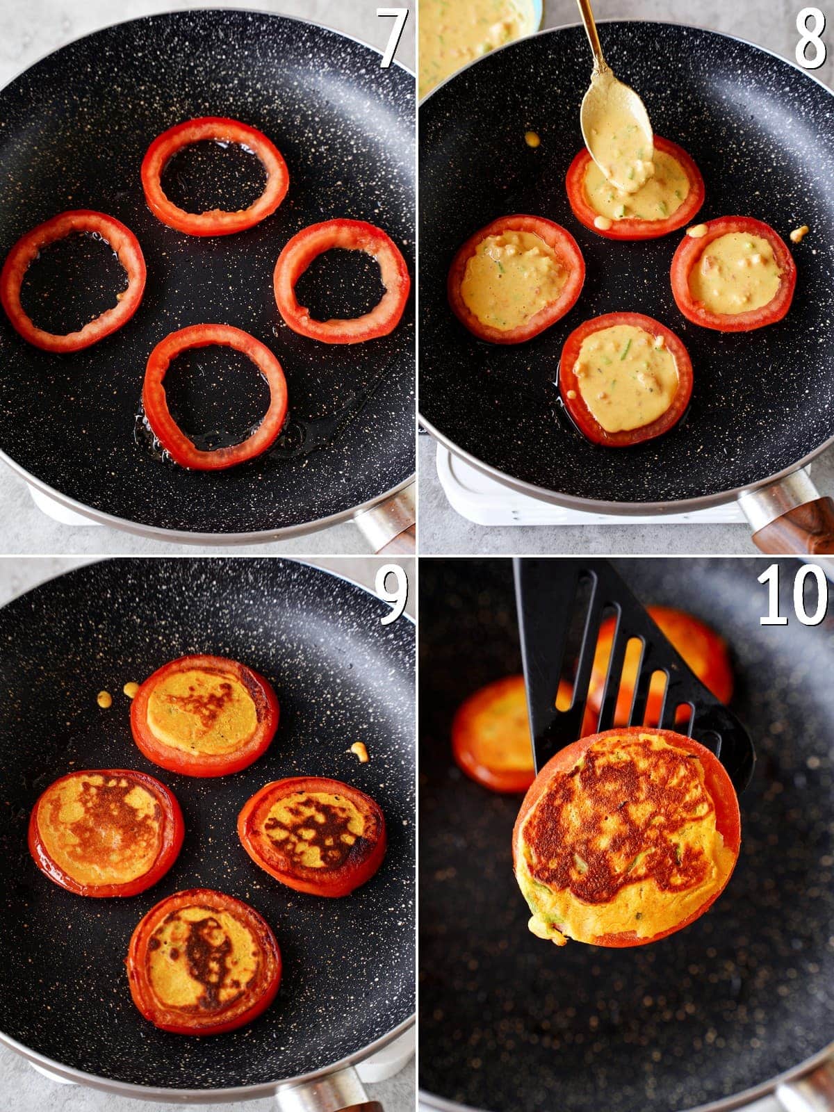 4 step-by-step pictures how to pan-fry tomato rings with chickpea batter