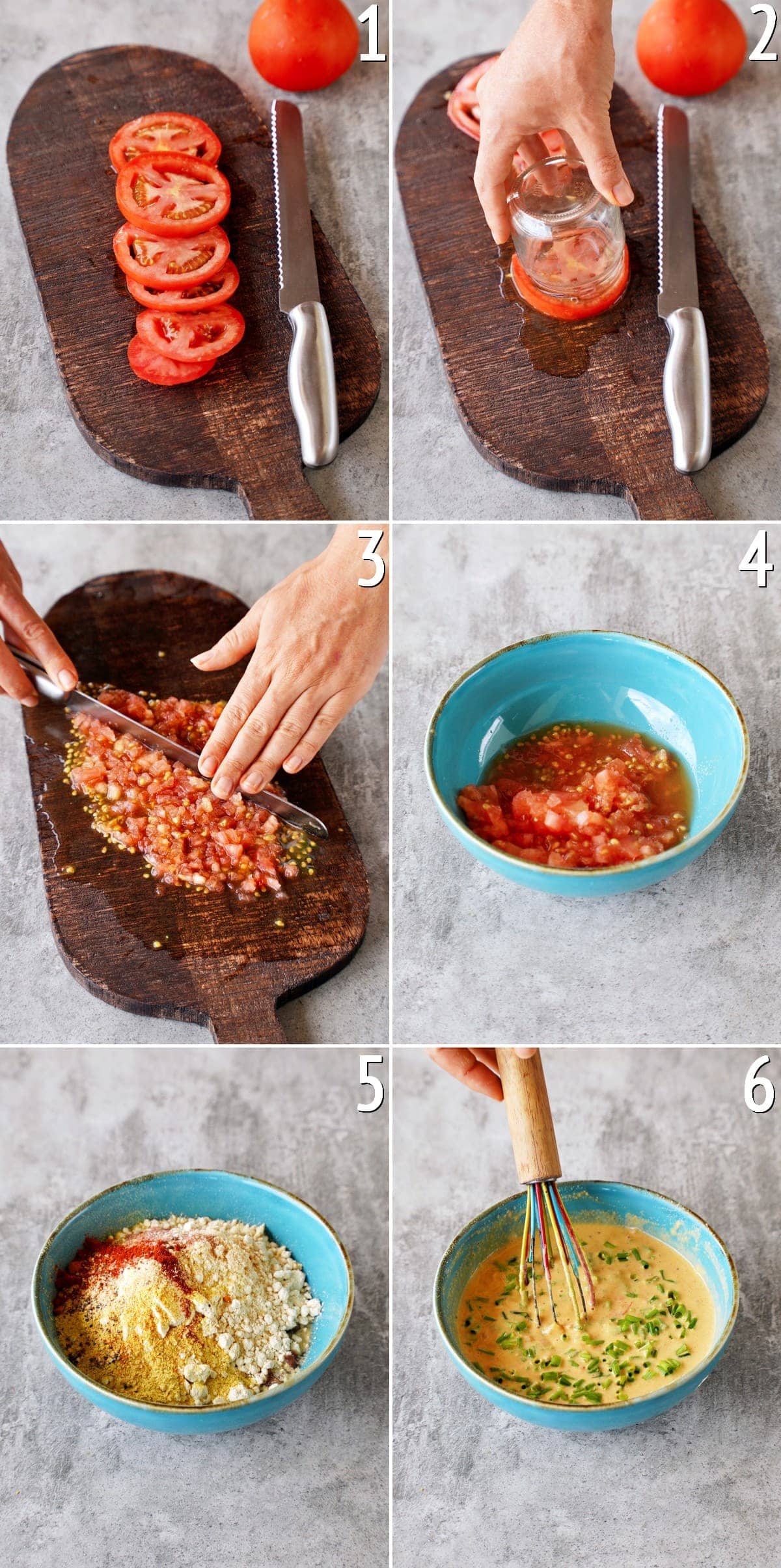 6 Schritt-für-Schritt-Bilder von der Zubereitung eines Tomaten-Kichererbsen-Teigs