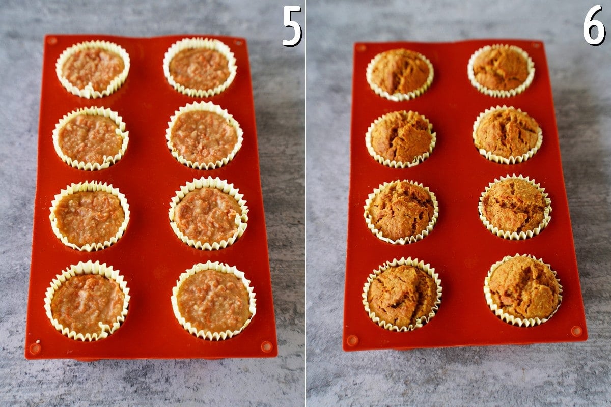 Möhren-Muffins in roter Silikonform vor und nach dem Backen