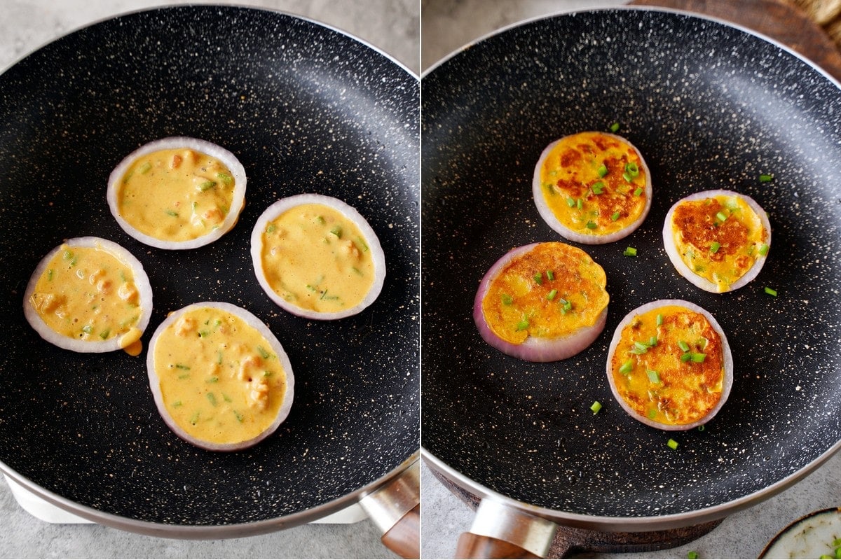 onion rings stuffed with vegan egg mixture before and after pan-frying
