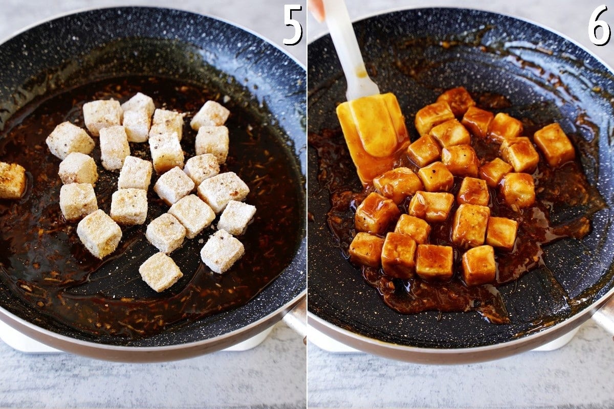 tofu in skillet before and after mixing with sauce