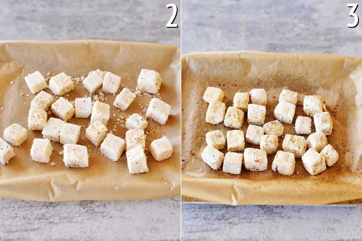 tofu on baking sheet before and after baking