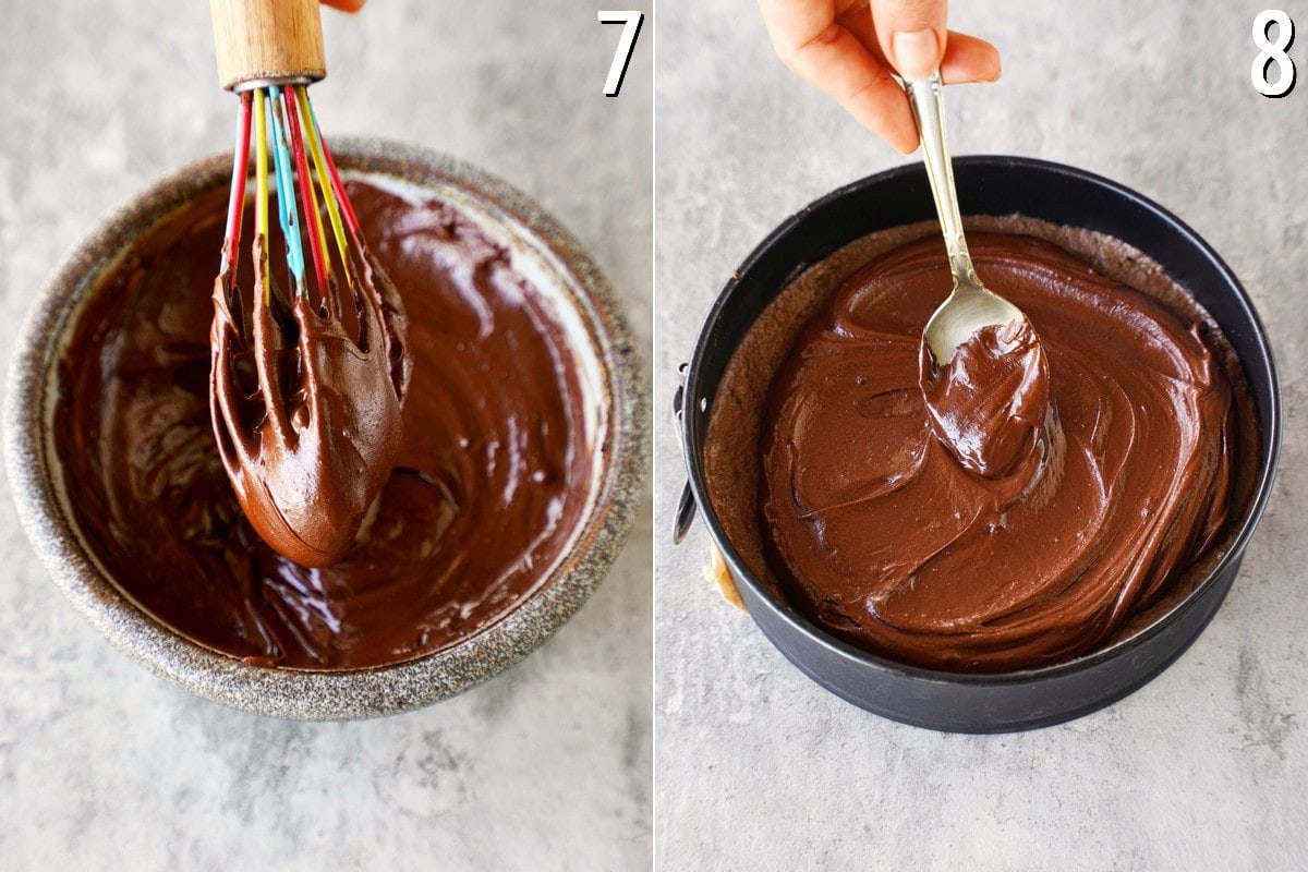 2 Fotos, die Schritt für Schritt zeigen, wie man eine vegane Nutella-Schokoladenfüllung herstellt