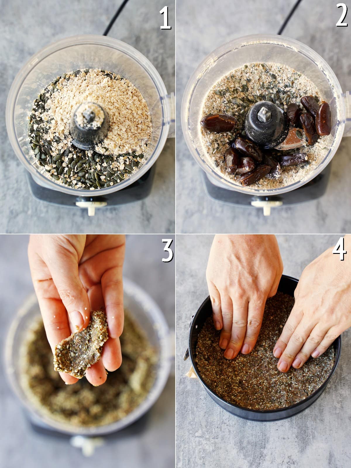 4 step-by-step photos showing how to make a pumpkin seed pie crust