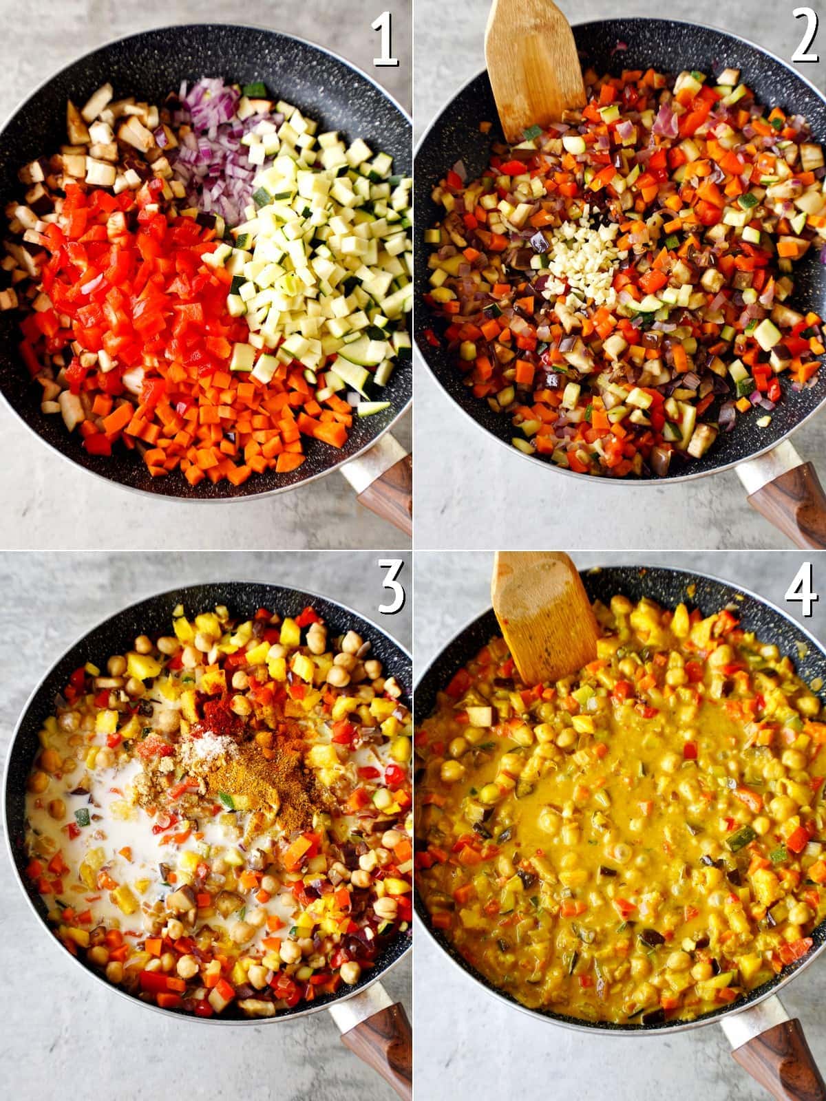 4 Schritt-für-Schritt-Bilder, wie man Gemüse mit Kokosnuss-Sauce in einer Pfanne zubereitet