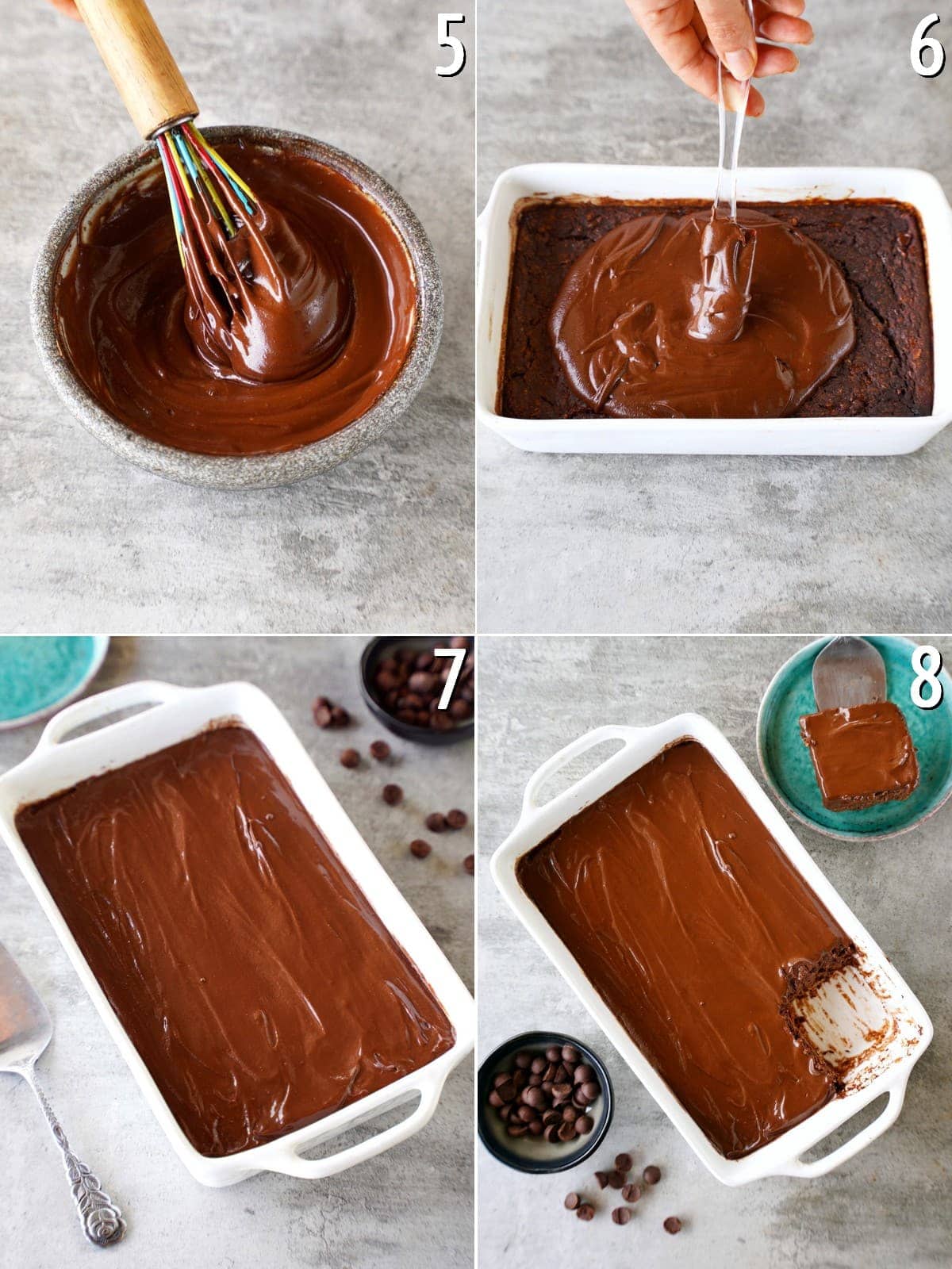4 Schritt-für-Schritt-Bilder, wie man Baked Oatmeal mit Schokocreme bestreicht