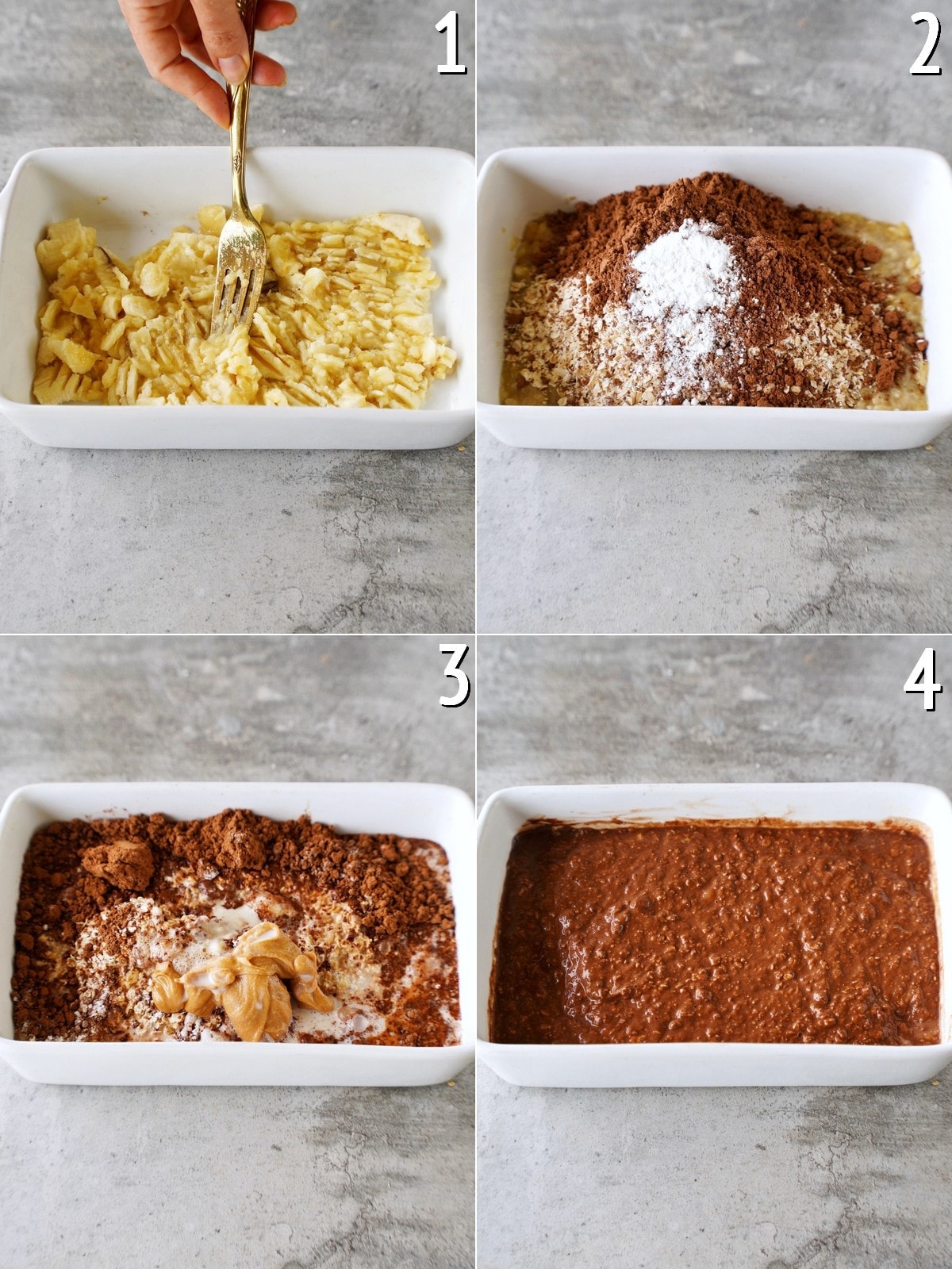 4 step-by-step pictures how to make chocolate baked oatmeal