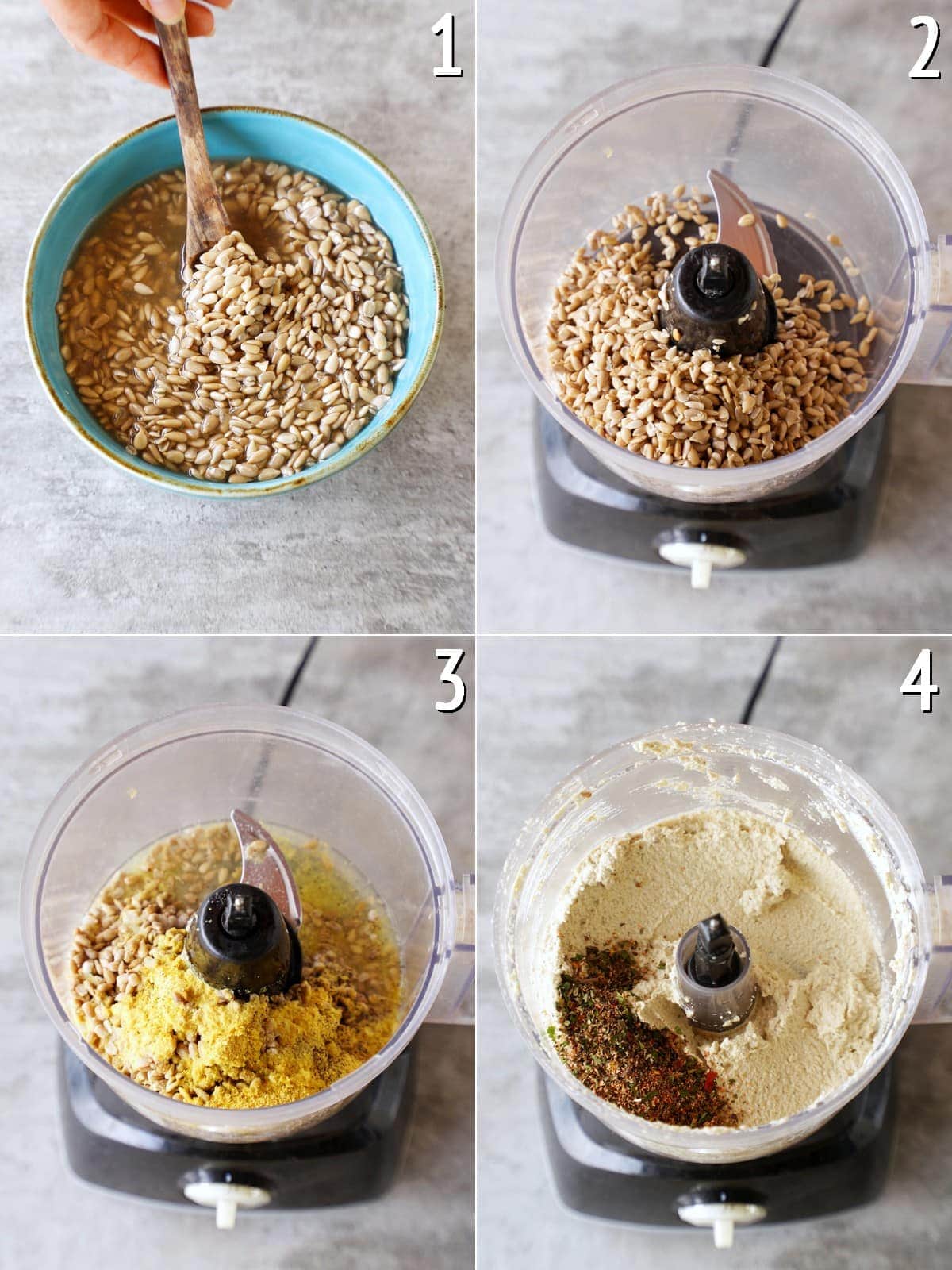 4 step-by-step pictures showing how to make cream cheese from sunflower seeds