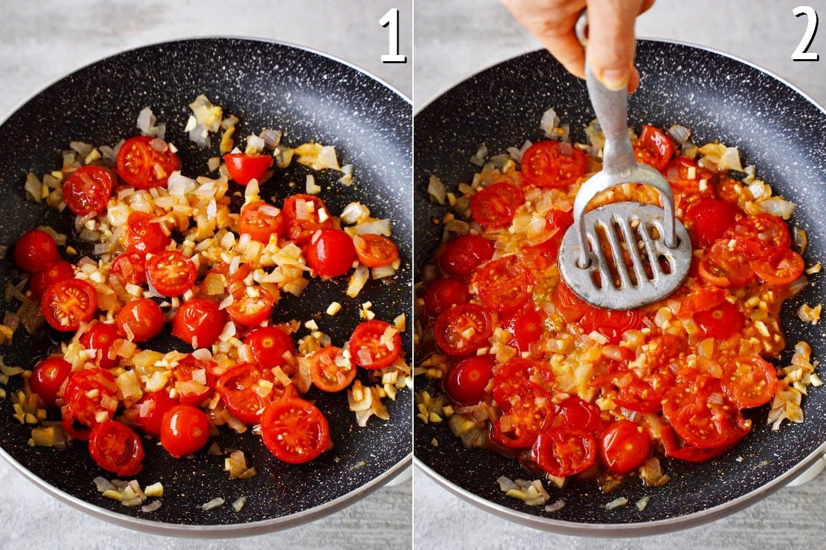 fried onion and cherry tomatoes in a black pan