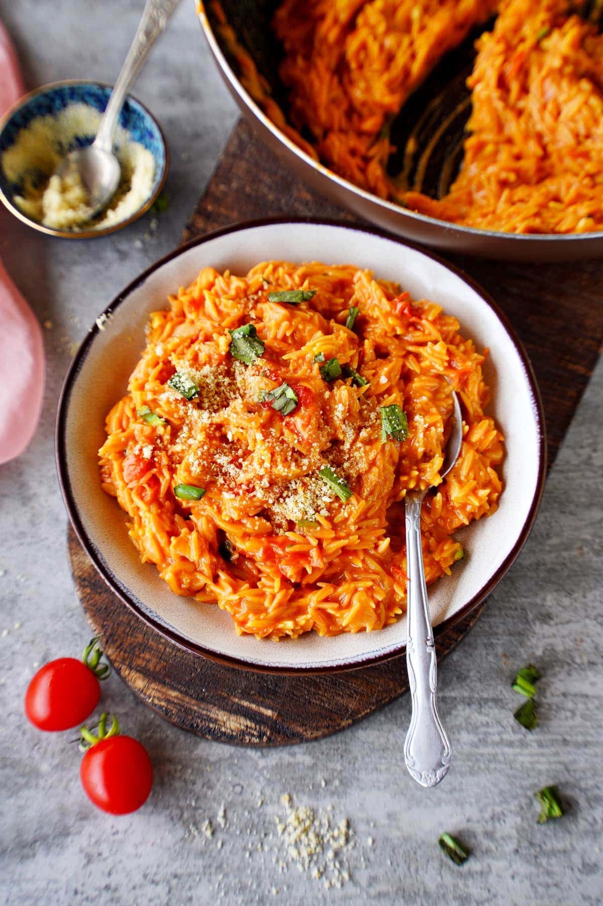 one pot orzo with tomatoes in bowl with spoon