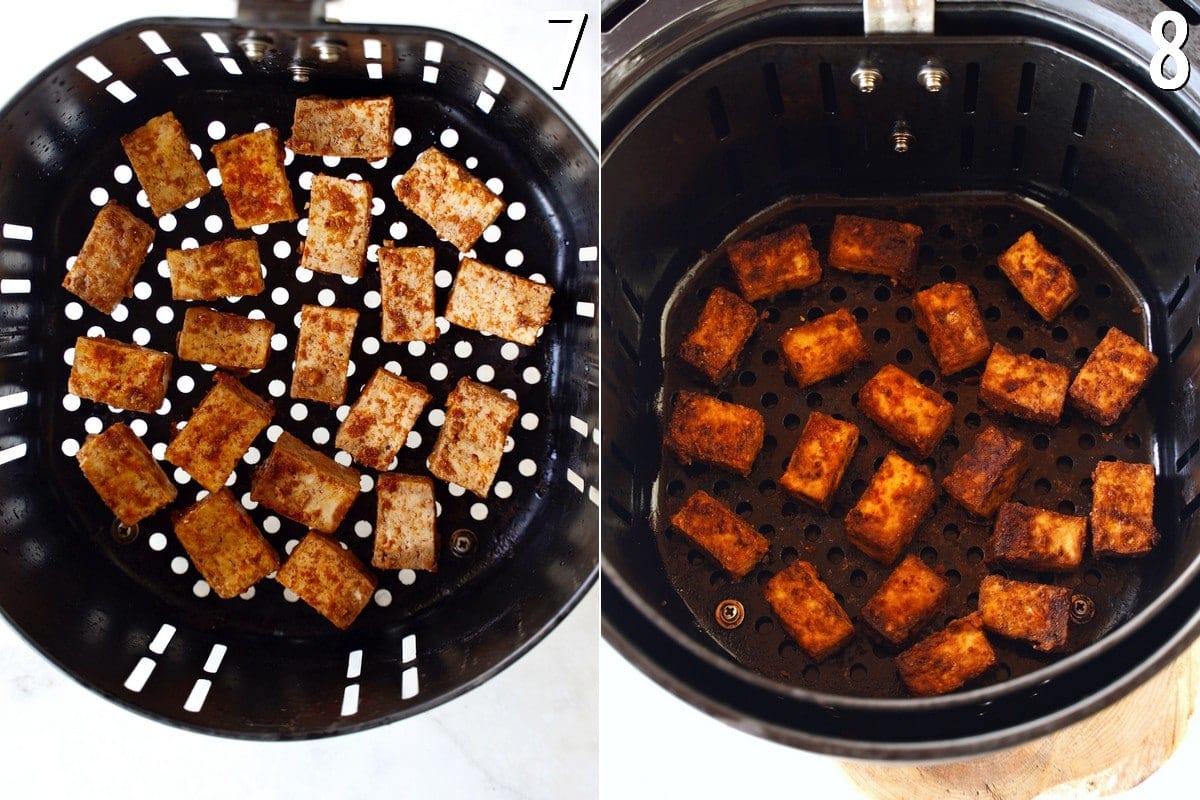 tofu in air fryer basket before and after cooking