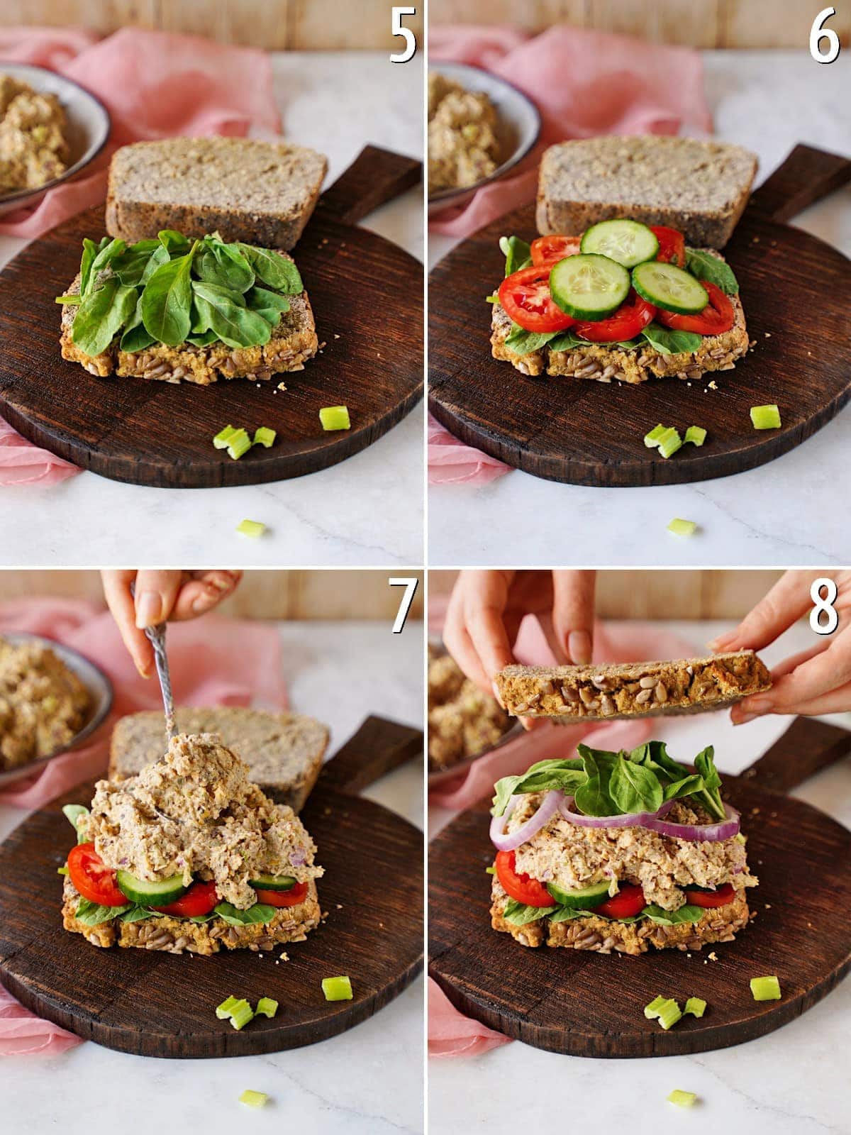 4 Schritt-für-Schritt-Bilder von der Zubereitung eines Kichererbsen-Thunfischsalat-Sandwichs