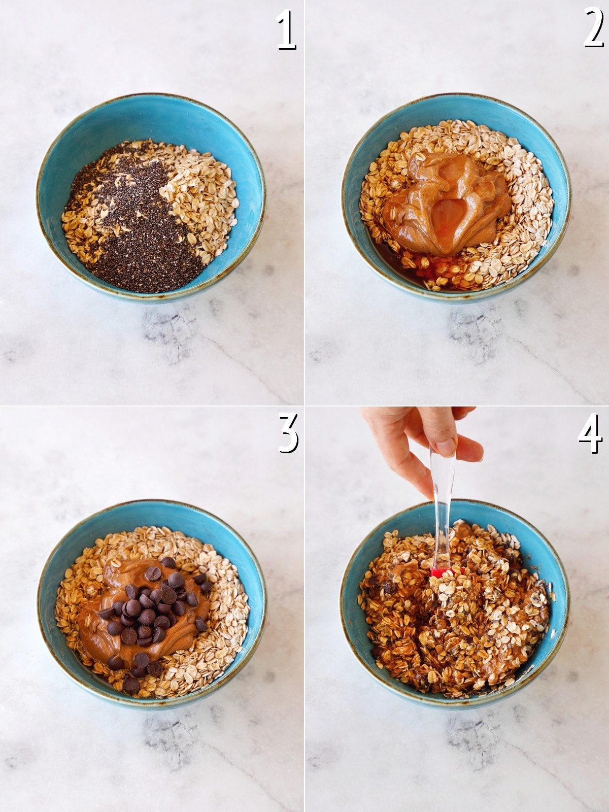 4 step-by-step pics how to make PB oat balls
