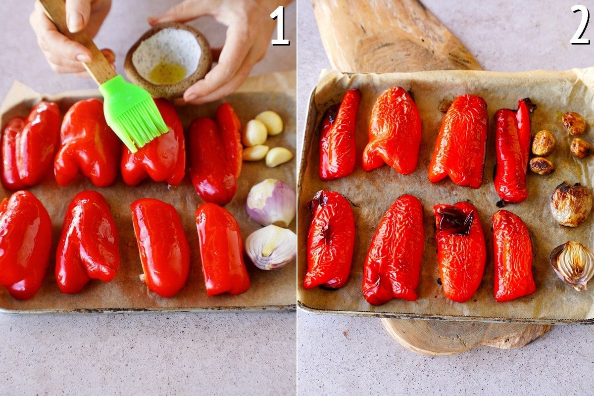 Geviertelte rote Paprika mit Zwiebel und Knoblauch auf Backblech vor und nach dem Rösten