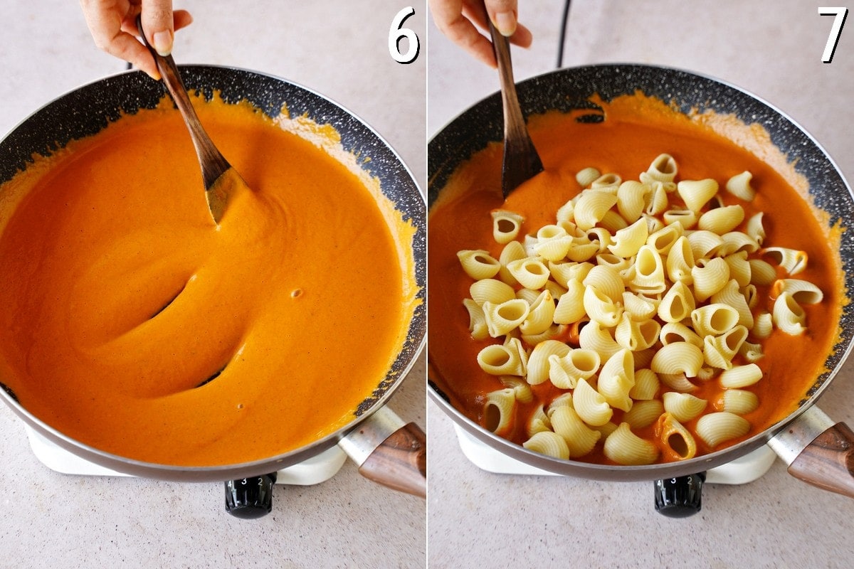 red sauce in skillet without and with cooked pasta