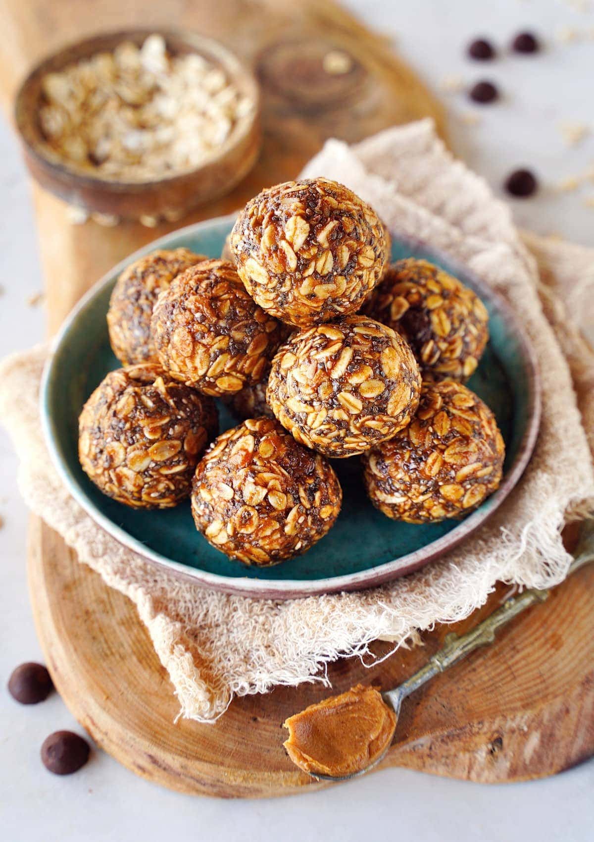 stack of peanut butter oatmeal energy balls on small plate