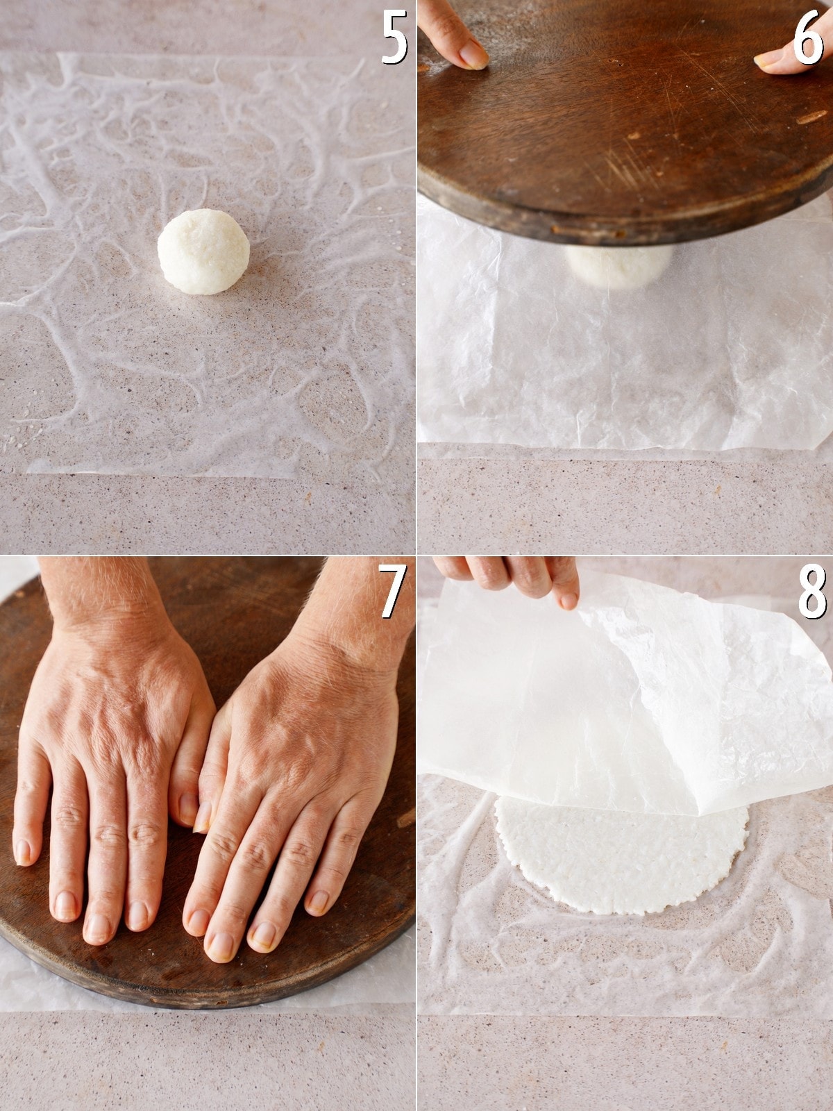 4 step-by-step photos showing how to press a rice ball