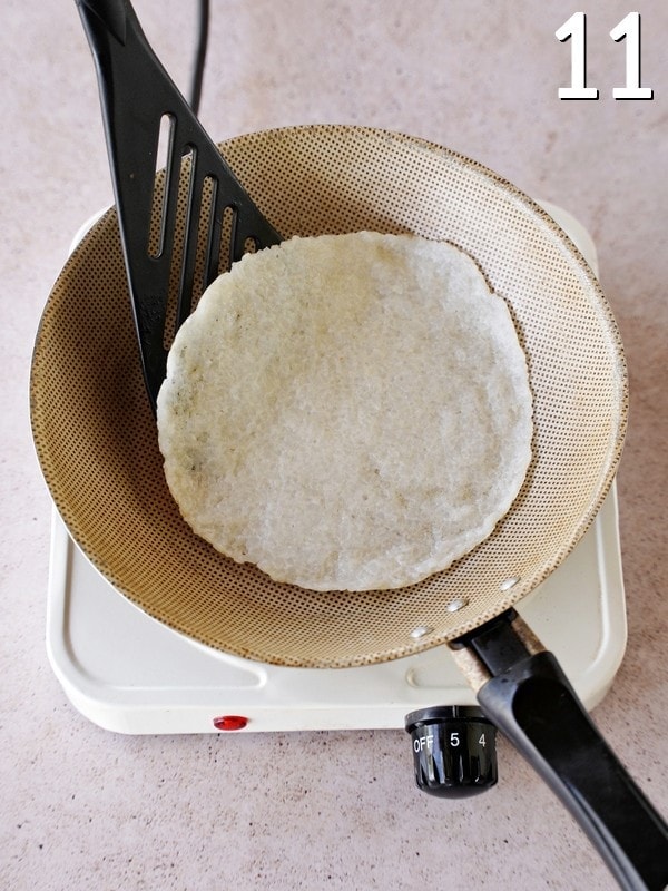 roti in skillet before flipping