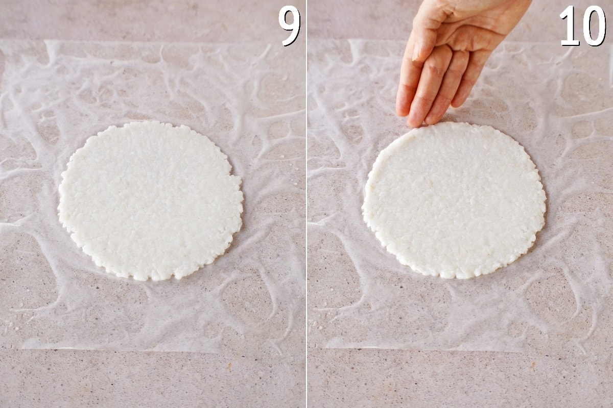 shaping tortilla on wax paper