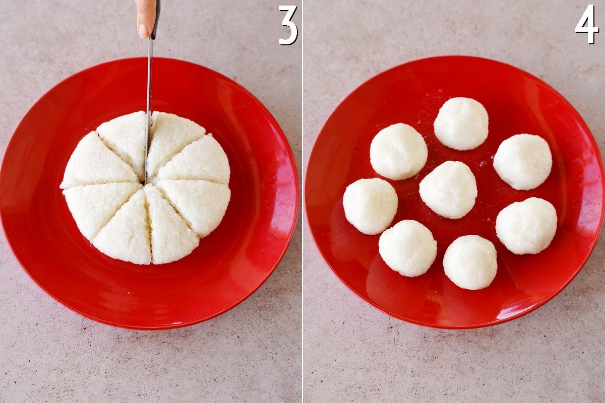 slicing rice disk and 8 rice balls on red plate