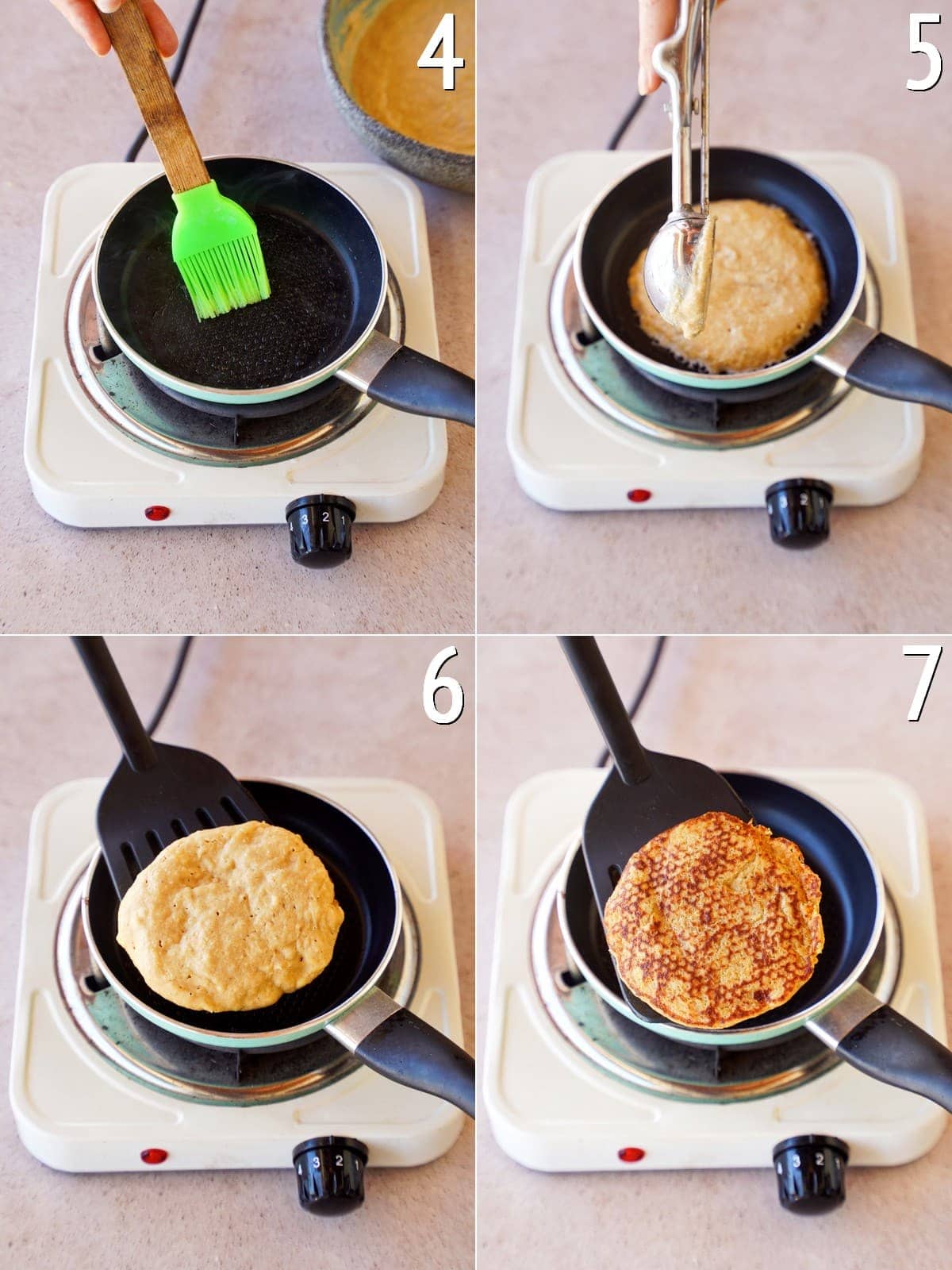 4 step-by-step pics showing how to cook a pancake