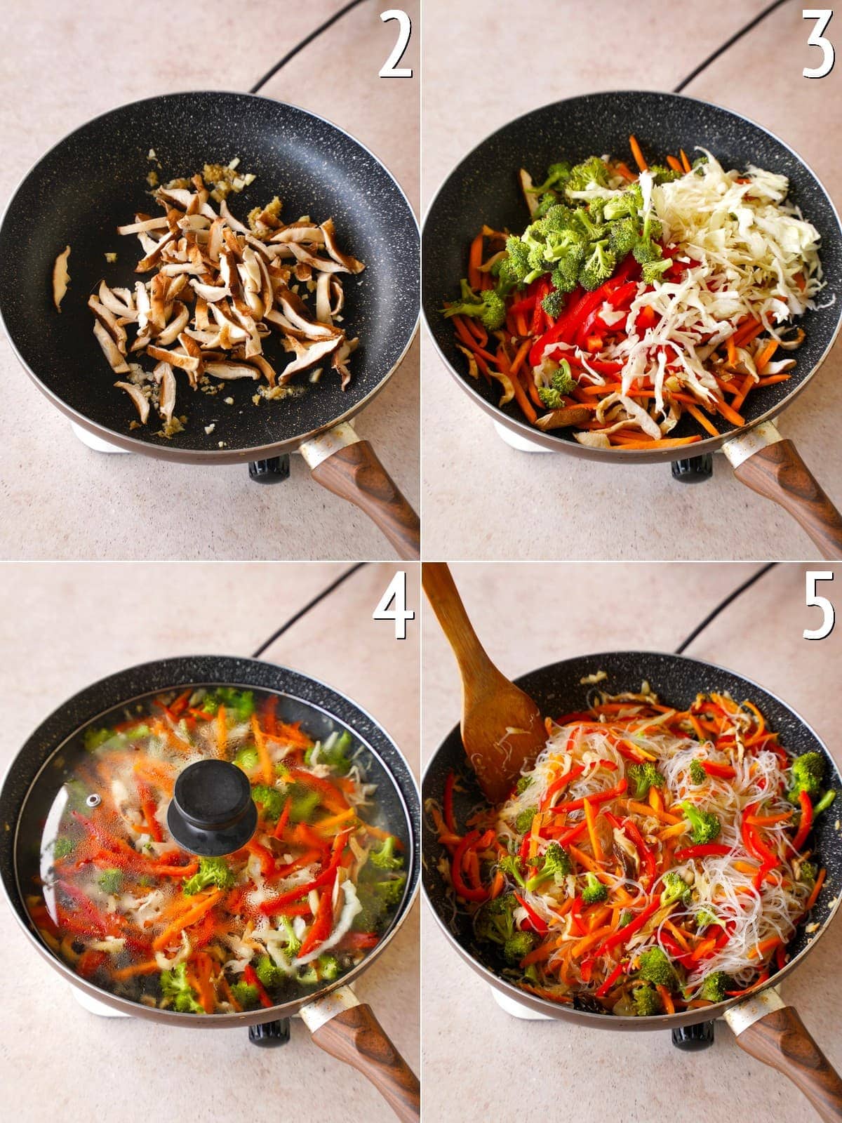 4 step-by-step pictures showing how to cook veggies in black skillet