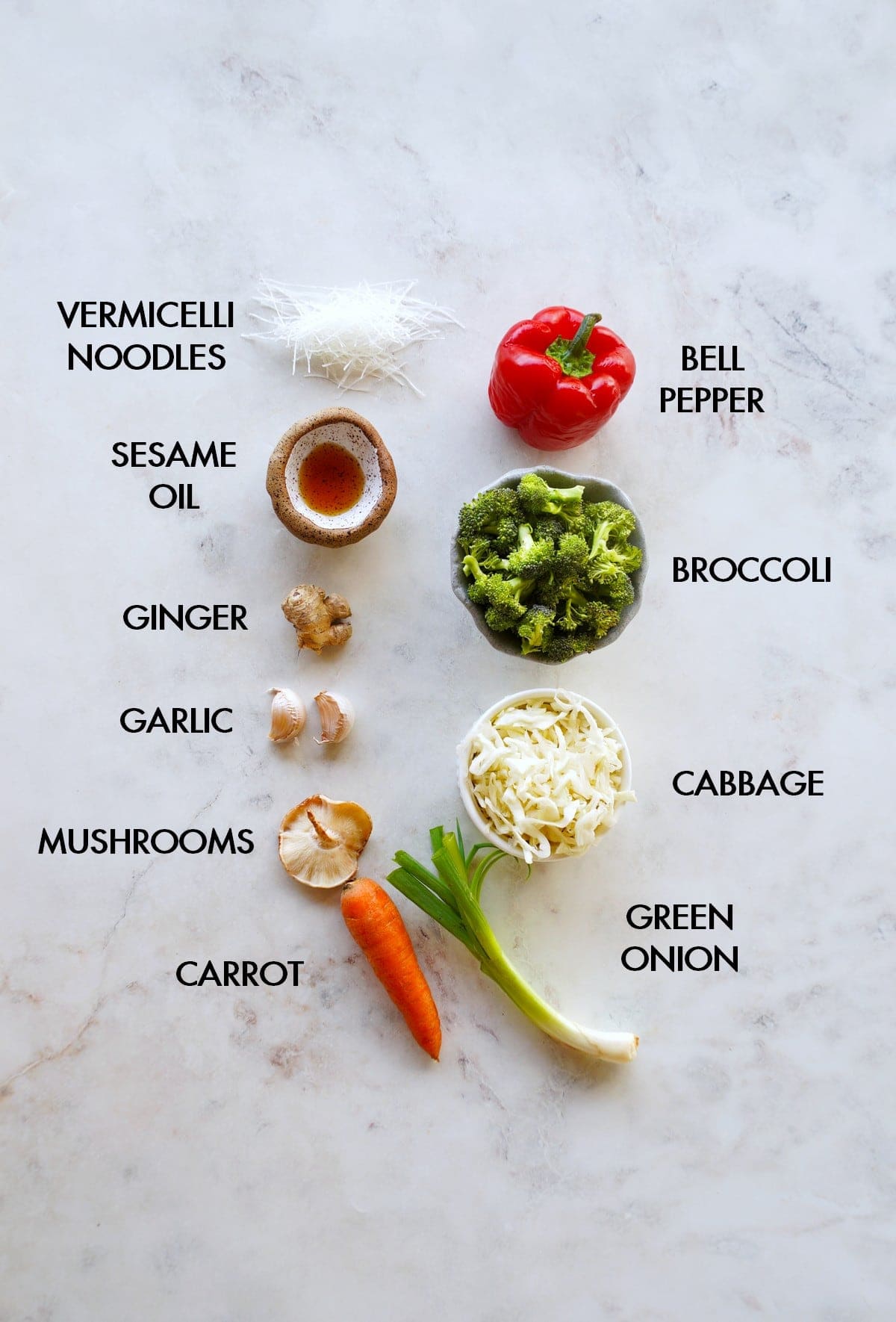 ingredients for Asian veggie noodle recipe