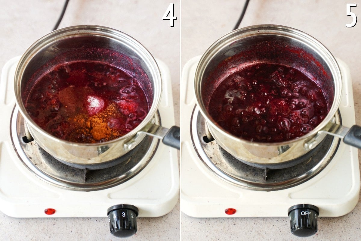simmering plum jam in pot