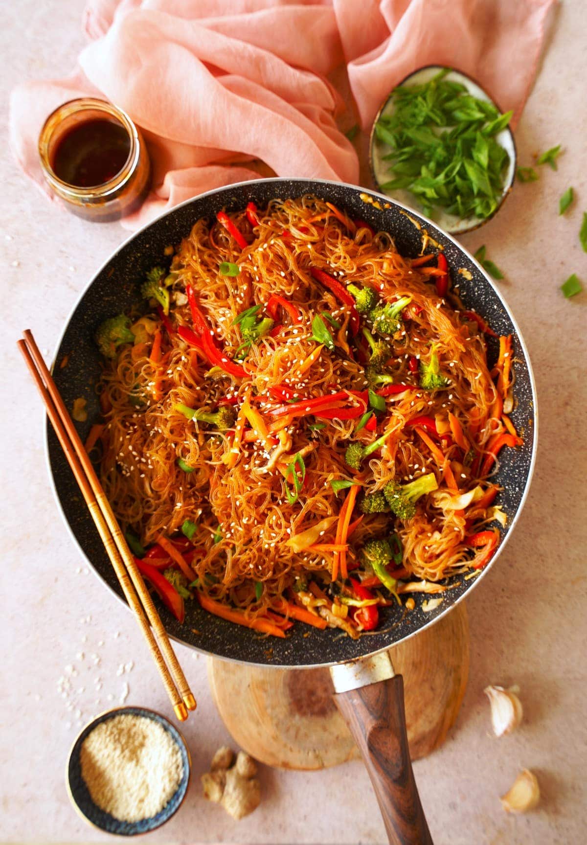 top shot of Asian vegetable stir-fry noodles
