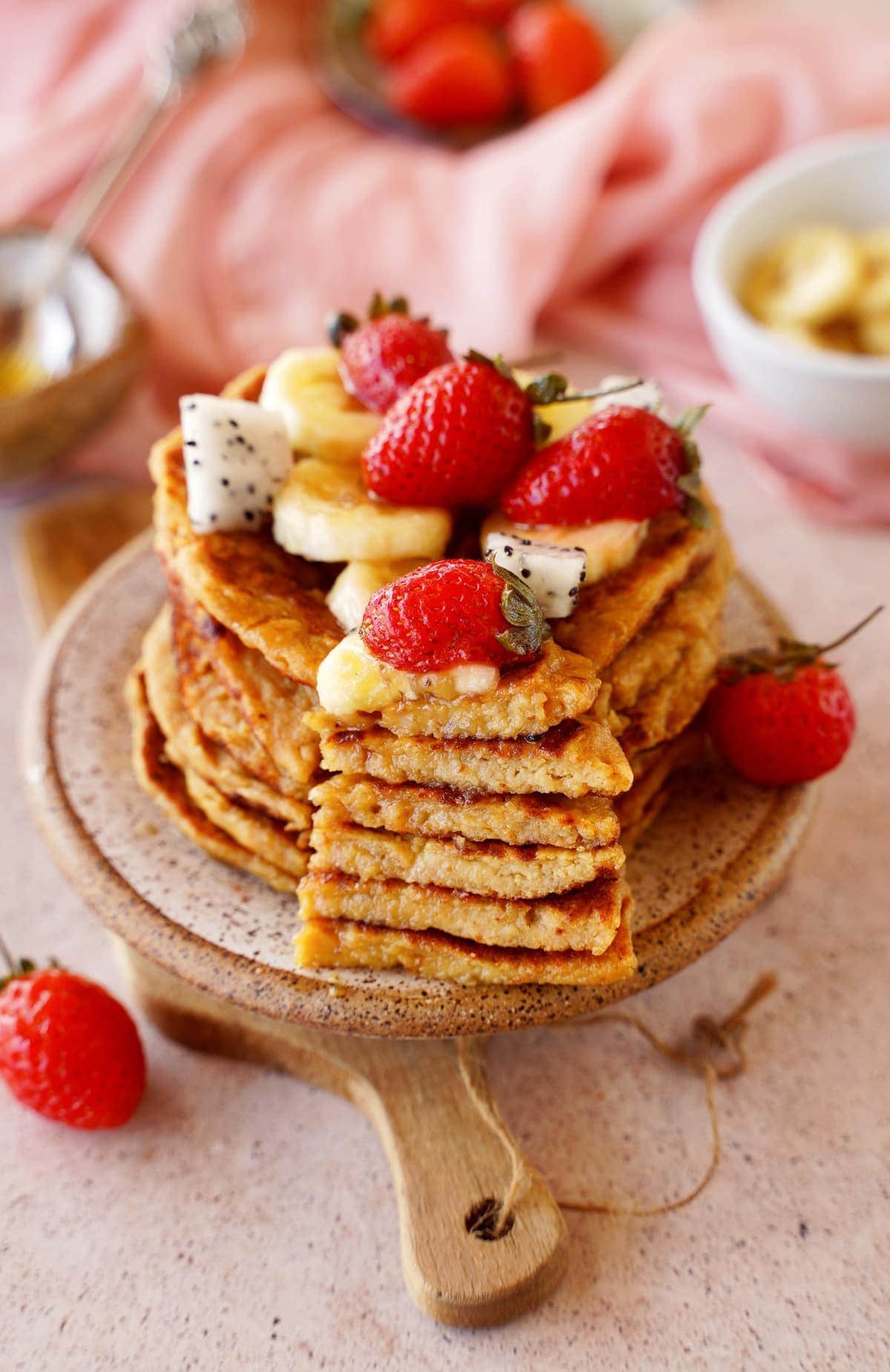 vertical shot protein pancakes with fruits