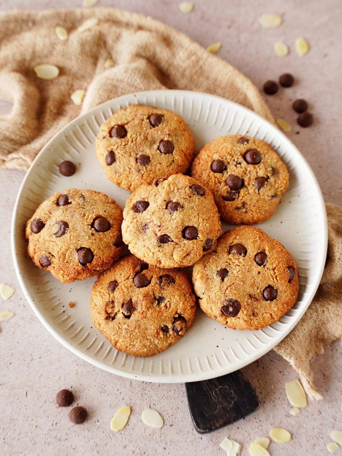 chocolate chip almond flour cookies on plate