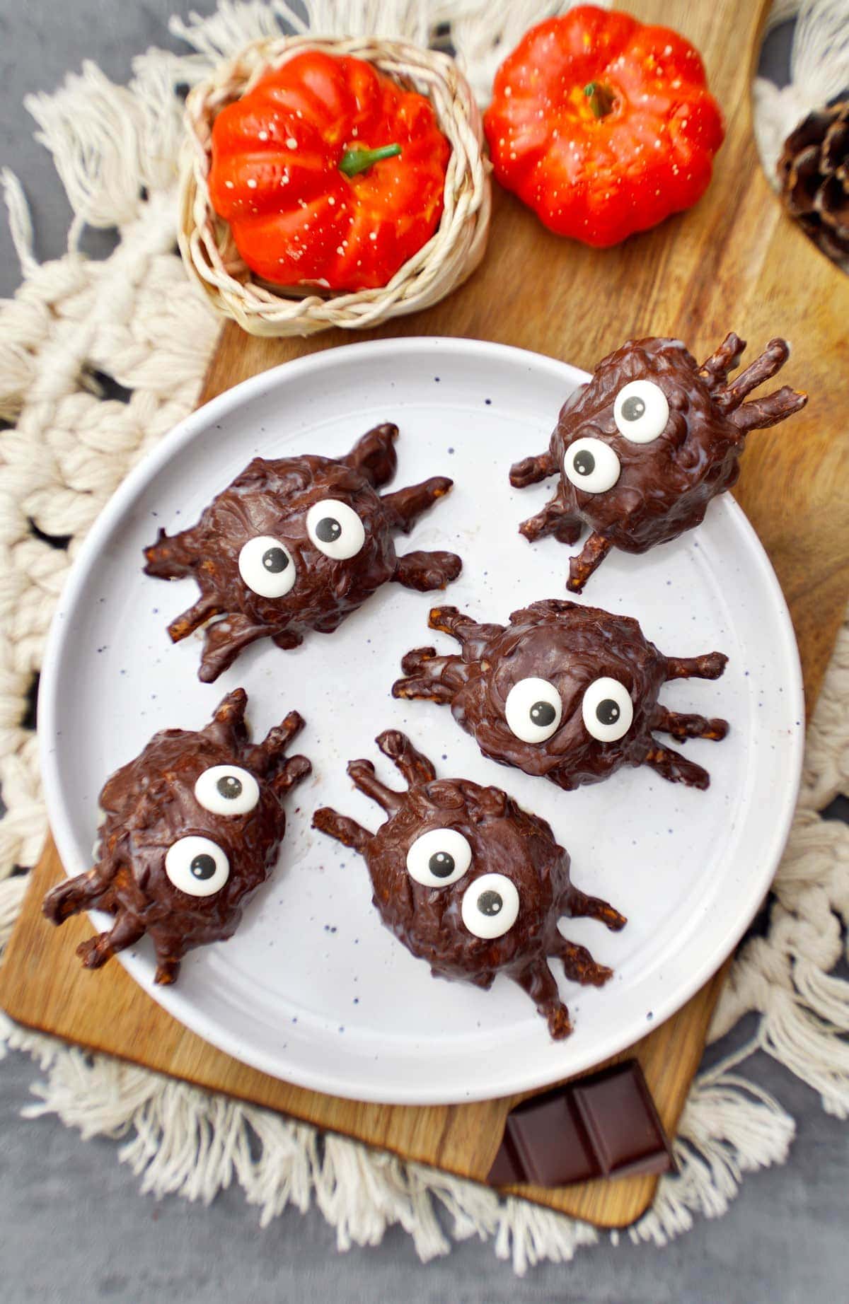 chocolate covered halloween spiders on plate
