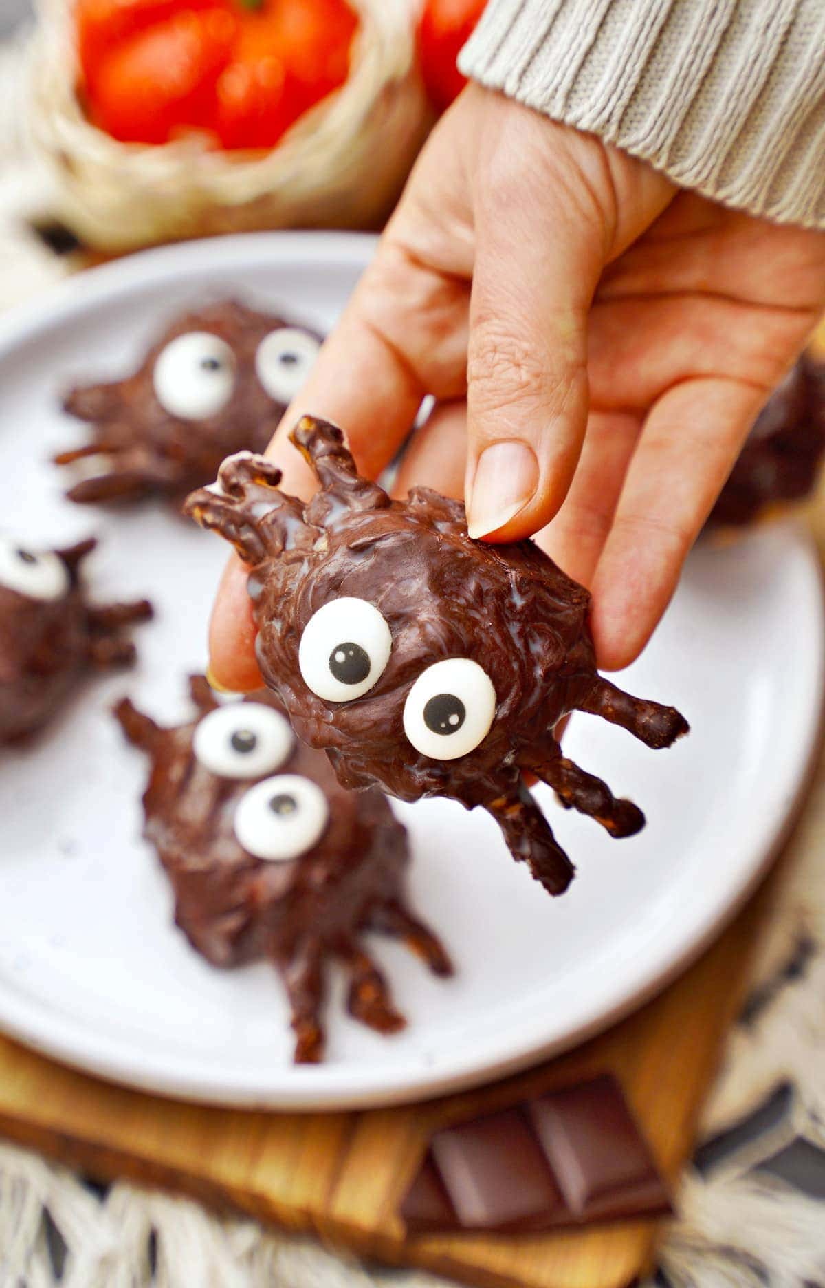 hand holding a chocolate covered halloween spider