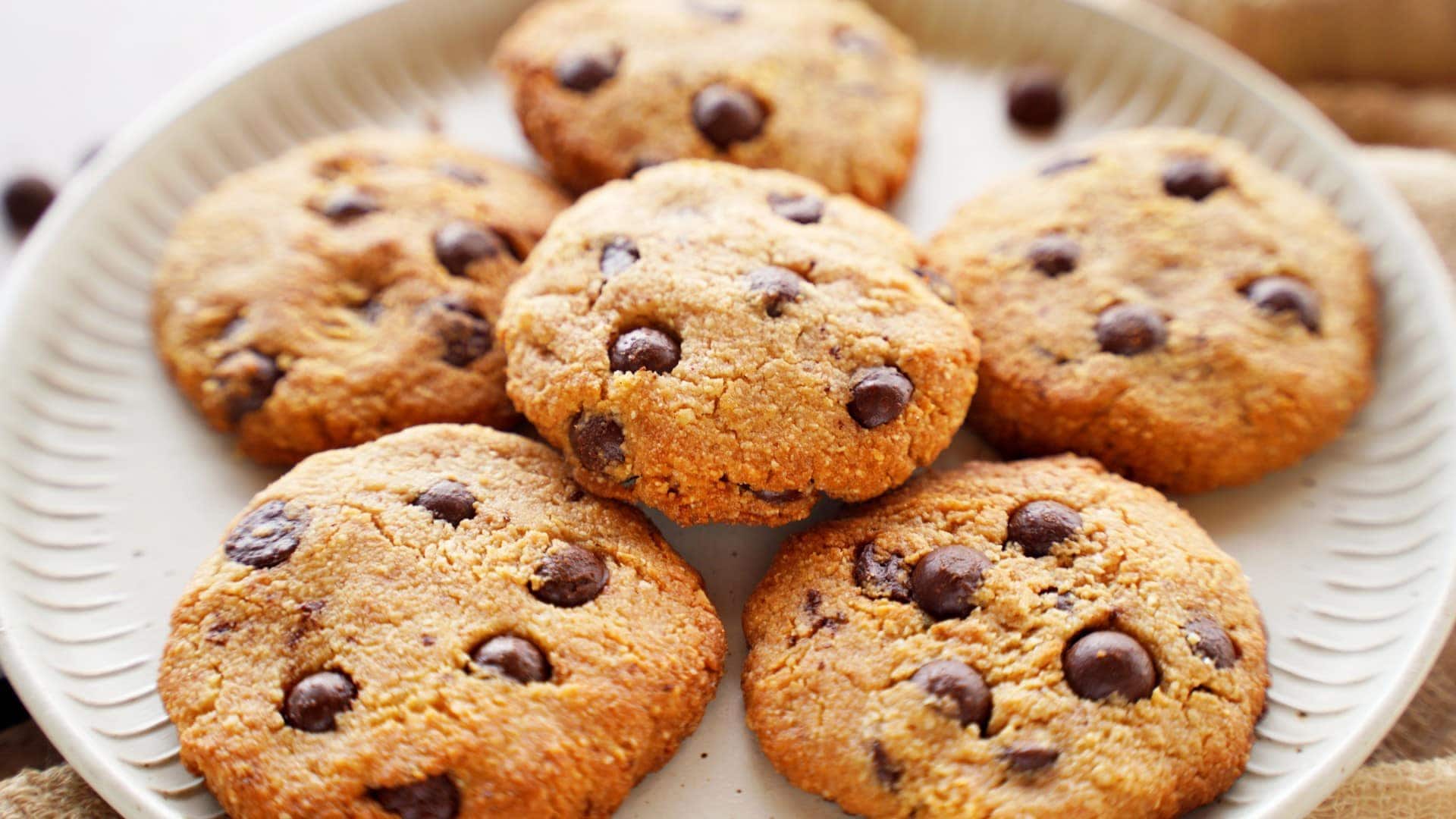 horizontal shot of almond flour chocolate chip cookies