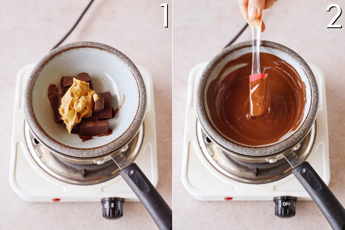 Schokolade und Erdnussbutter in einer Schüssel schmelzen